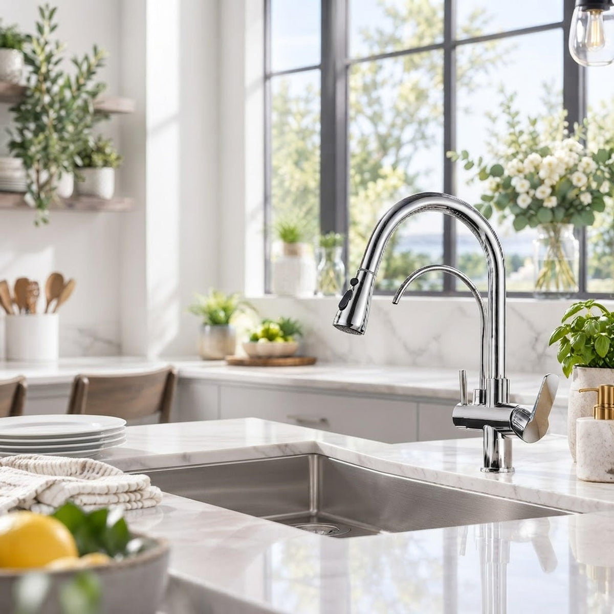 Brushed nickel pull-down kitchen faucet with high-arch gooseneck spout on a marble countertop.