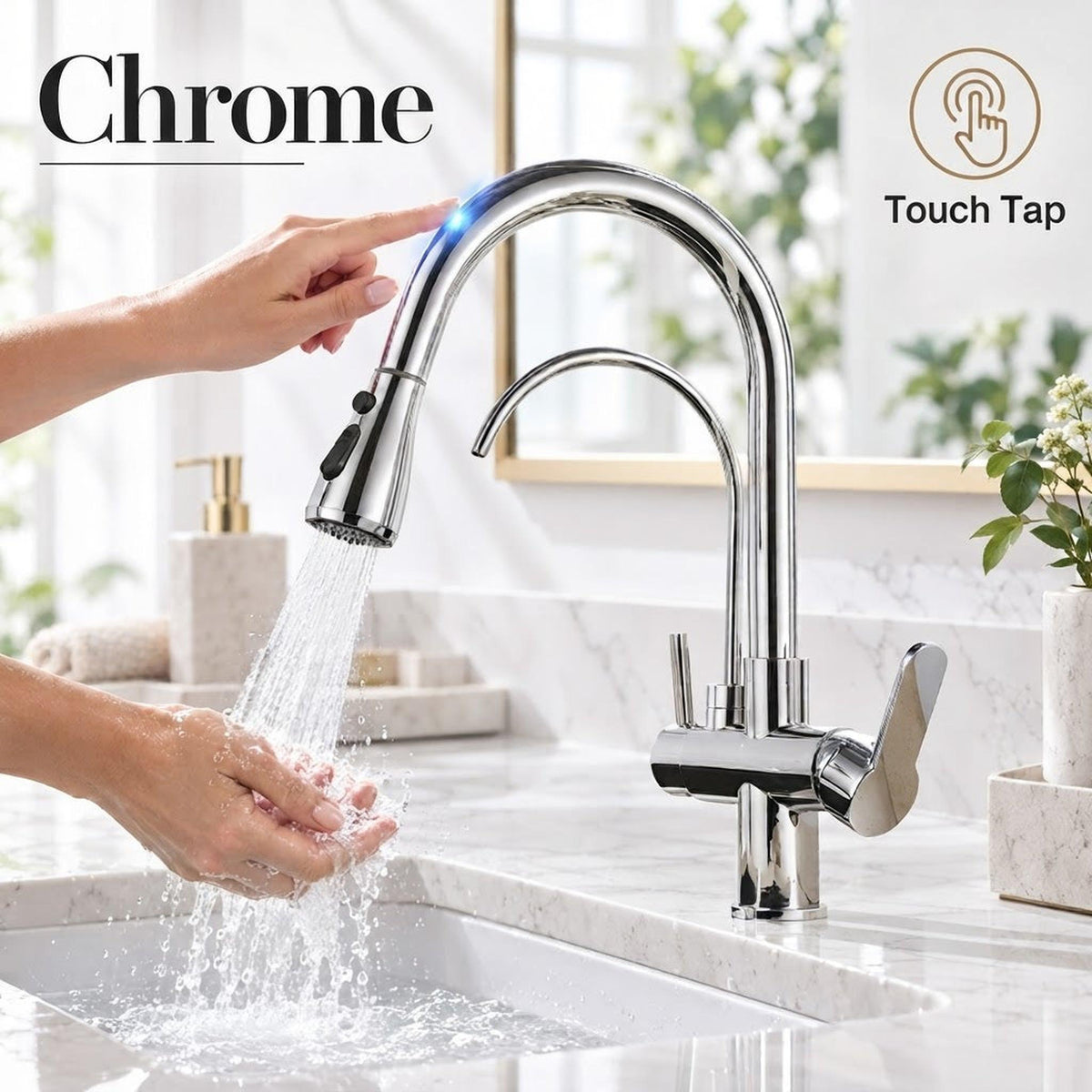 Chrome pull-down kitchen faucet with touch-activated technology and dual spray function in a modern sink setting.