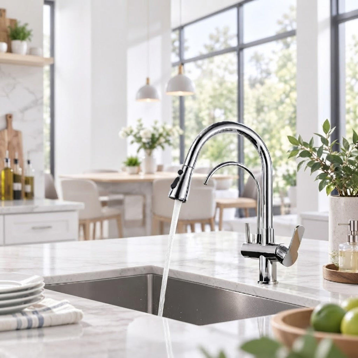 Modern brushed nickel pull-down kitchen faucet with dual spray and high-arch spout in a bright, contemporary kitchen.