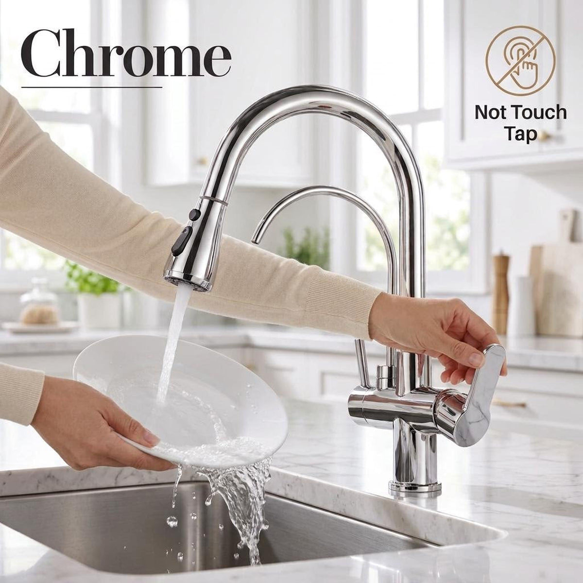 Chrome pull-down kitchen faucet with dual spray and secondary RO water spout rinsing a white plate in a sink.