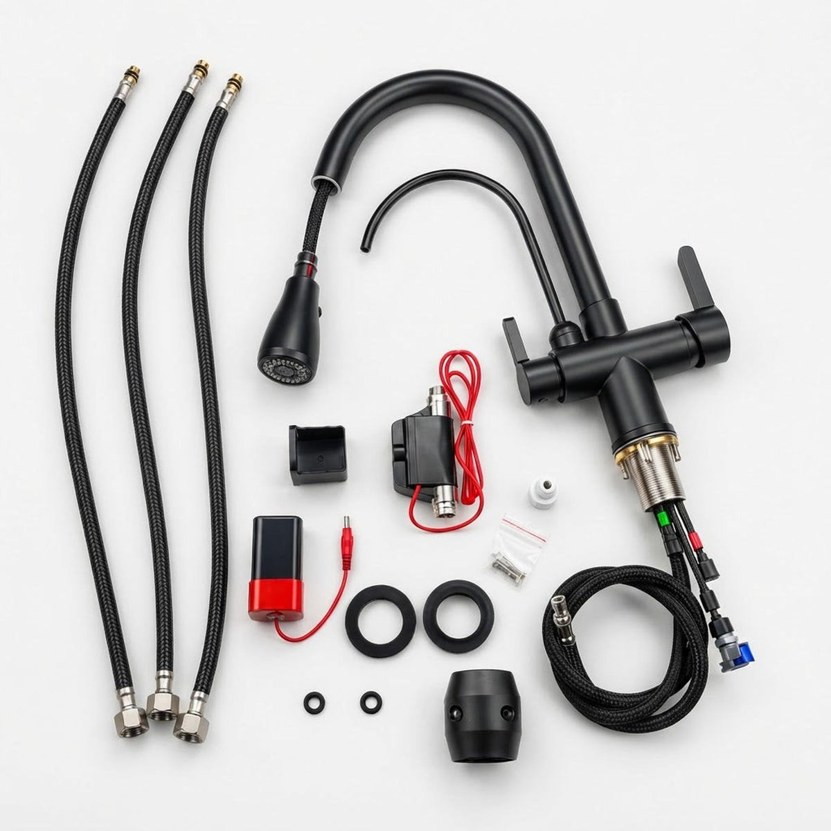Matte black pull-down kitchen faucet kit with hoses, spray head, and installation hardware on white background.