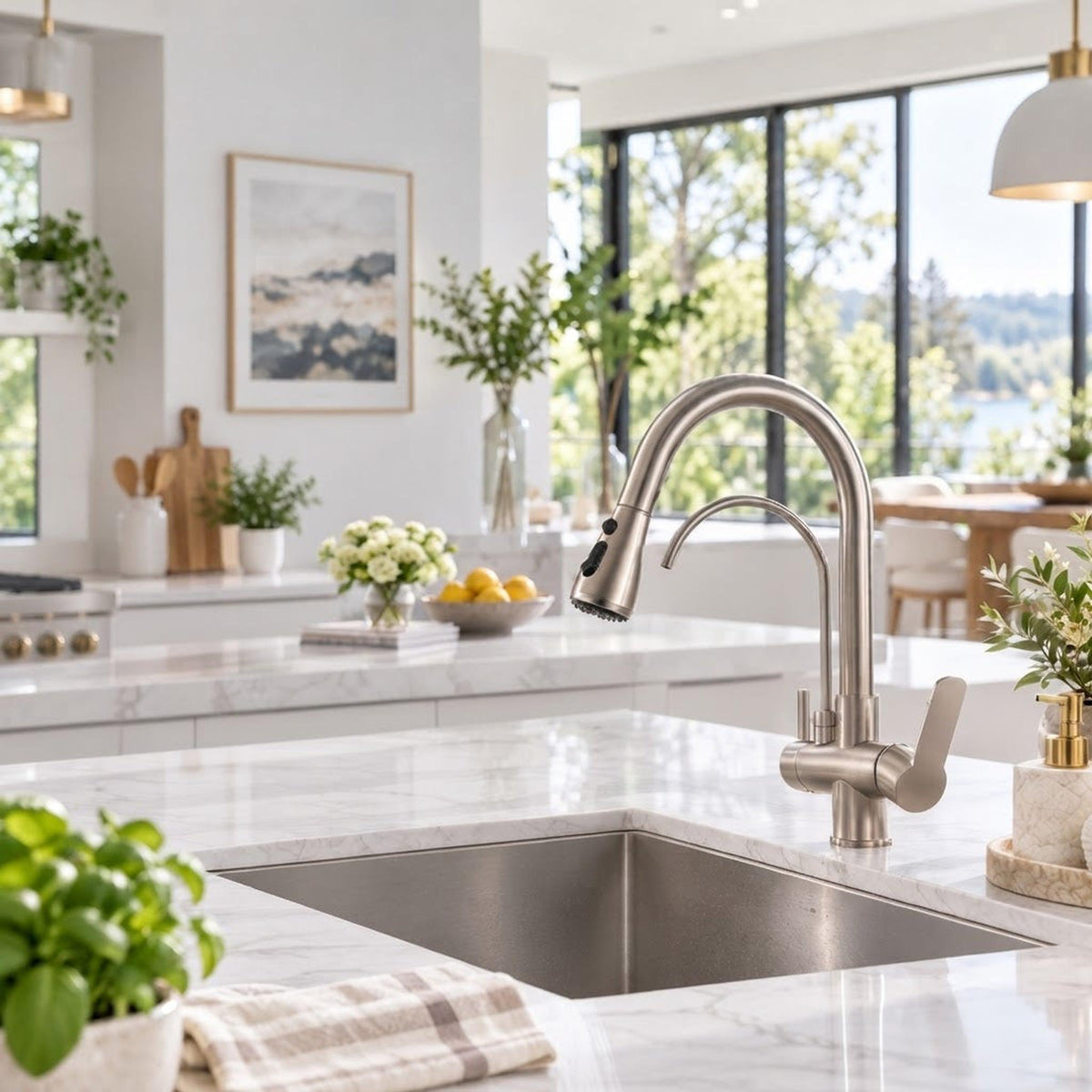 Brushed nickel pull-down kitchen faucet with a high-arch gooseneck spout on a marble countertop in a modern kitchen.