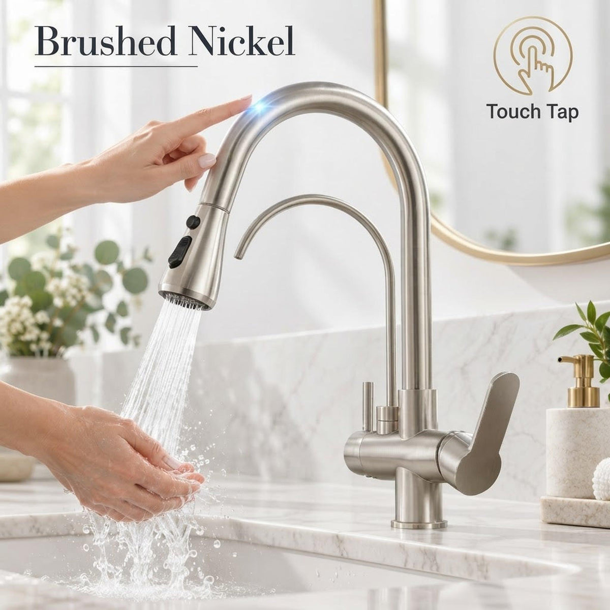 Brushed nickel pull-down kitchen faucet with touch-activated technology and dual spray function over a marble sink.
