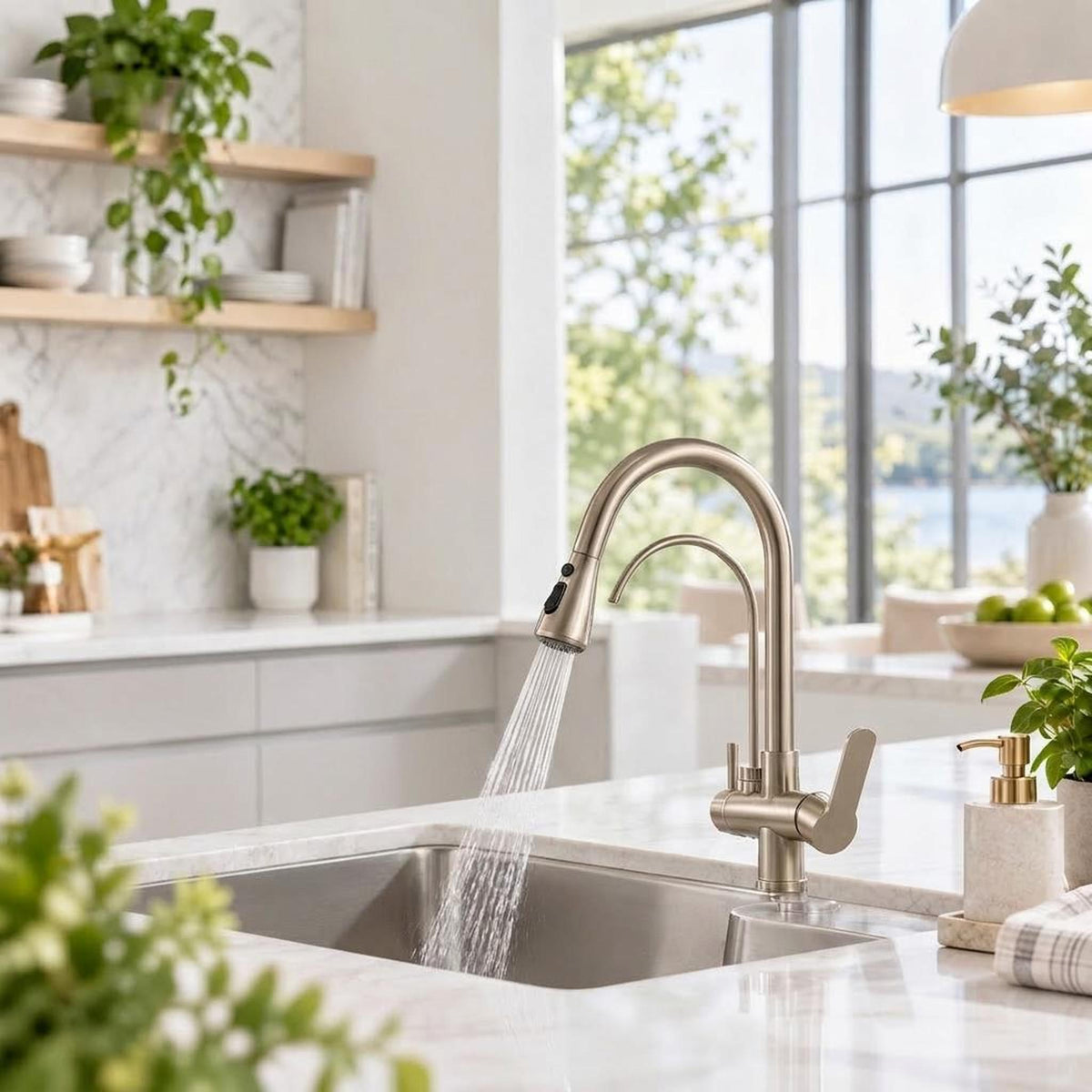 Brushed nickel pull-down kitchen faucet with dual spray function in a modern kitchen setting.