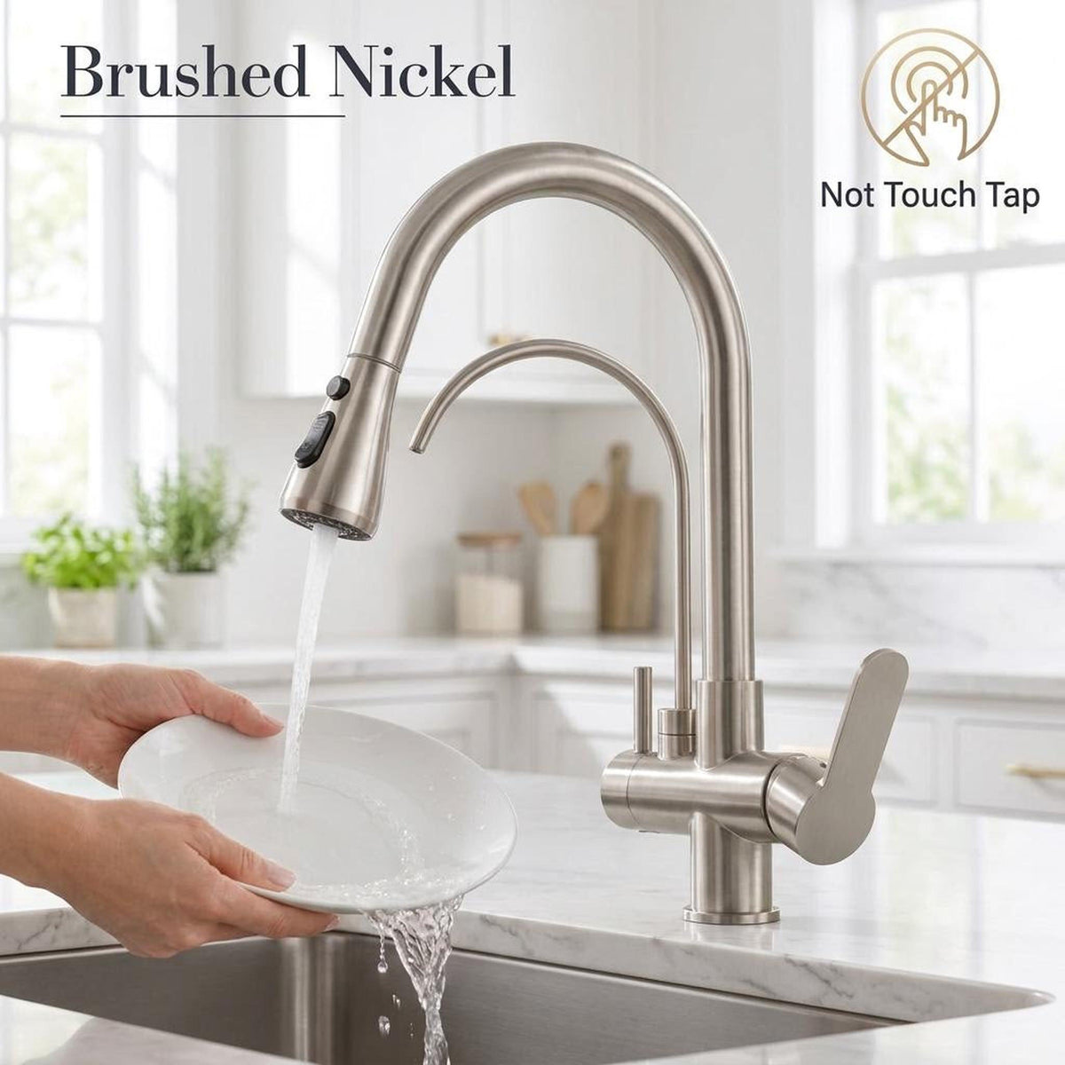 Brushed nickel pull-down kitchen faucet with dual spray and integrated RO water spout in a modern kitchen.