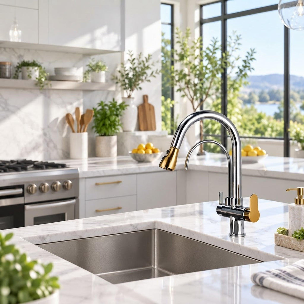 Modern brushed nickel and gold pull-down kitchen faucet with a high-arch spout on a marble countertop.