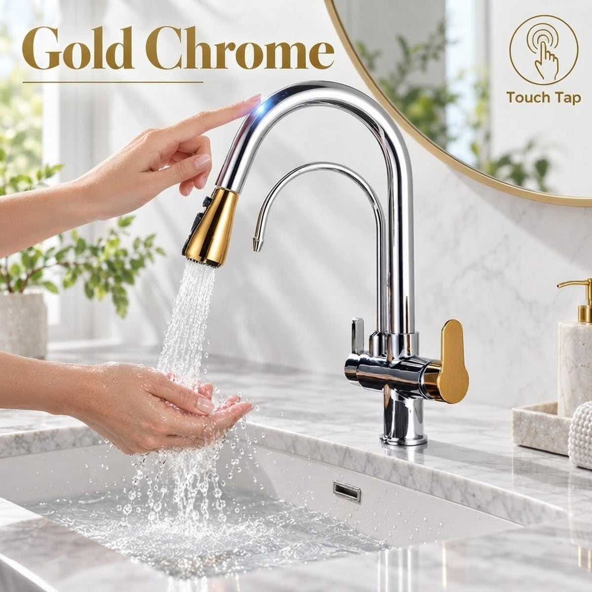 Modern gold and chrome pull-down kitchen faucet with touch-activated technology and dual spray function over a marble sink.