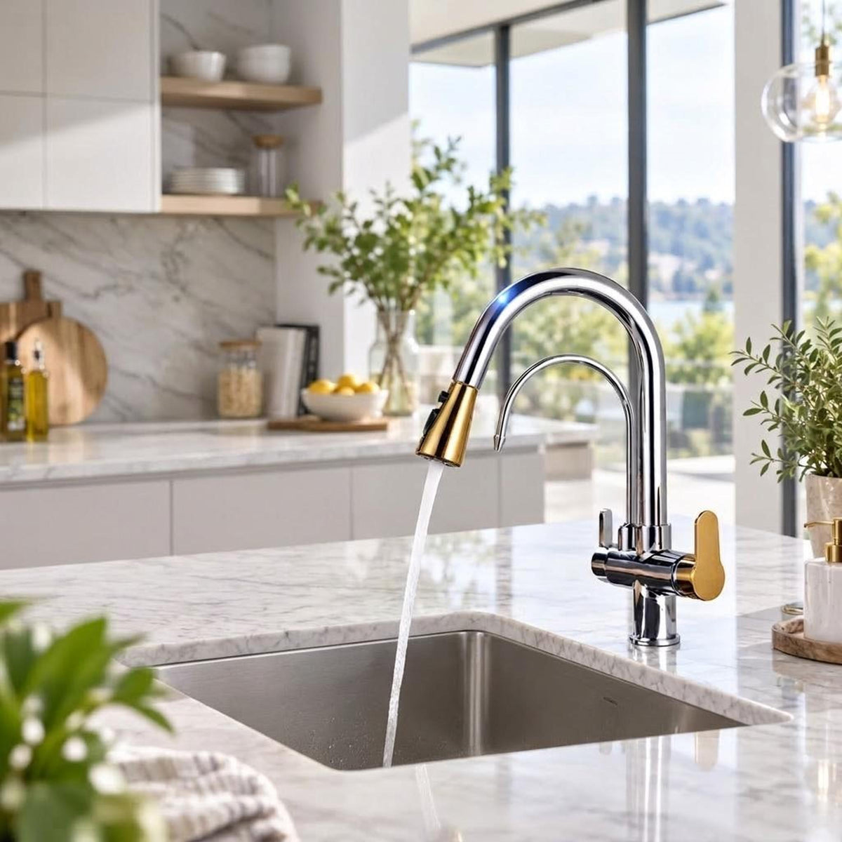 Modern brushed nickel and gold pull-down kitchen faucet with a high-arch swivel spout and dual spray function.
