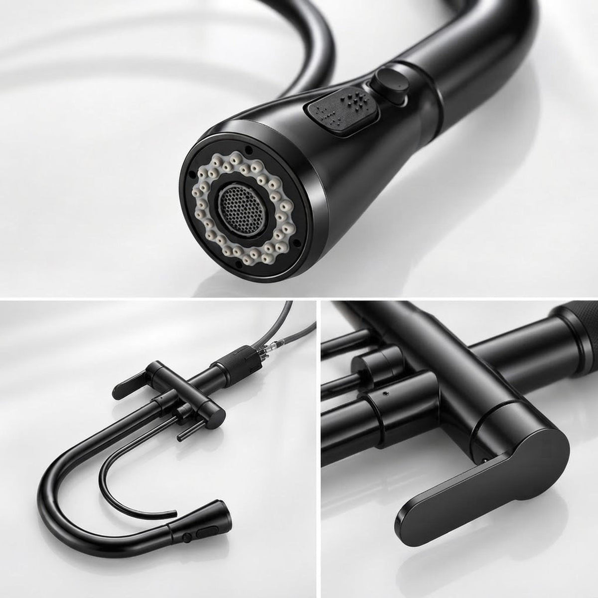 Matte black pull-down kitchen faucet with dual-function spray head, swivel spout, and single-handle control design.