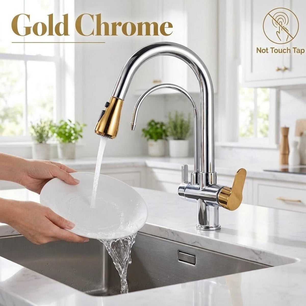 Modern gold and chrome pull-down kitchen faucet with a touchless sensor and dual-spray head over a stainless steel sink.