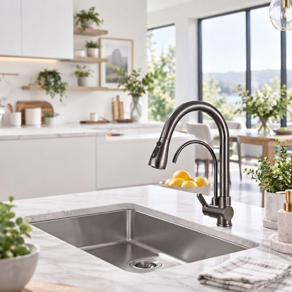 Brushed nickel pull-down kitchen faucet with a high-arch gooseneck spout and dual spray function on a marble countertop.