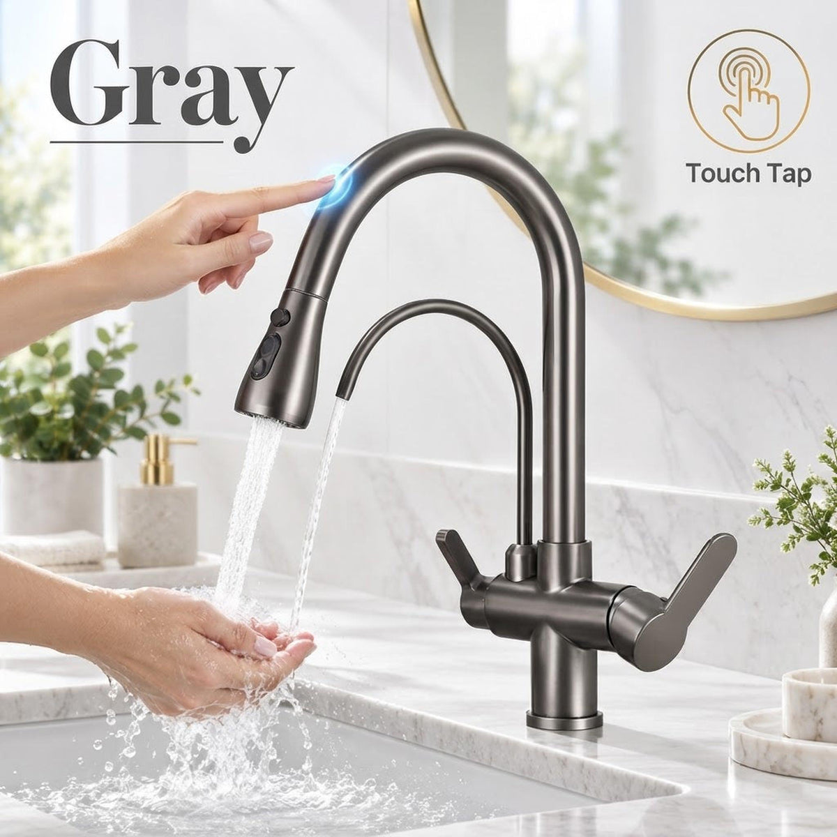 Brushed nickel touch-activated pull-down kitchen faucet with dual spray and integrated water filter spout.