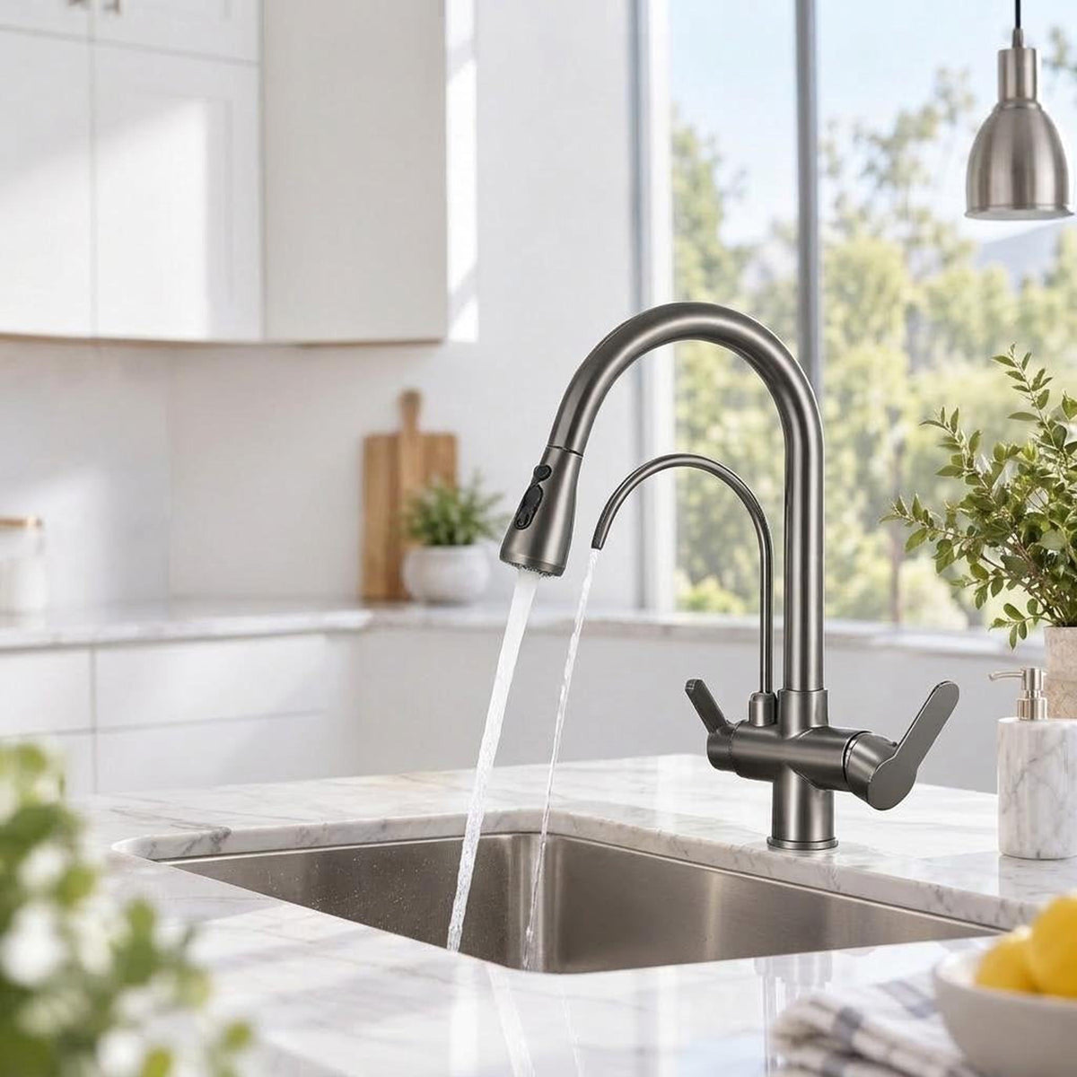 Brushed nickel pull-down kitchen faucet with dual spray and RO water spout on a marble countertop.