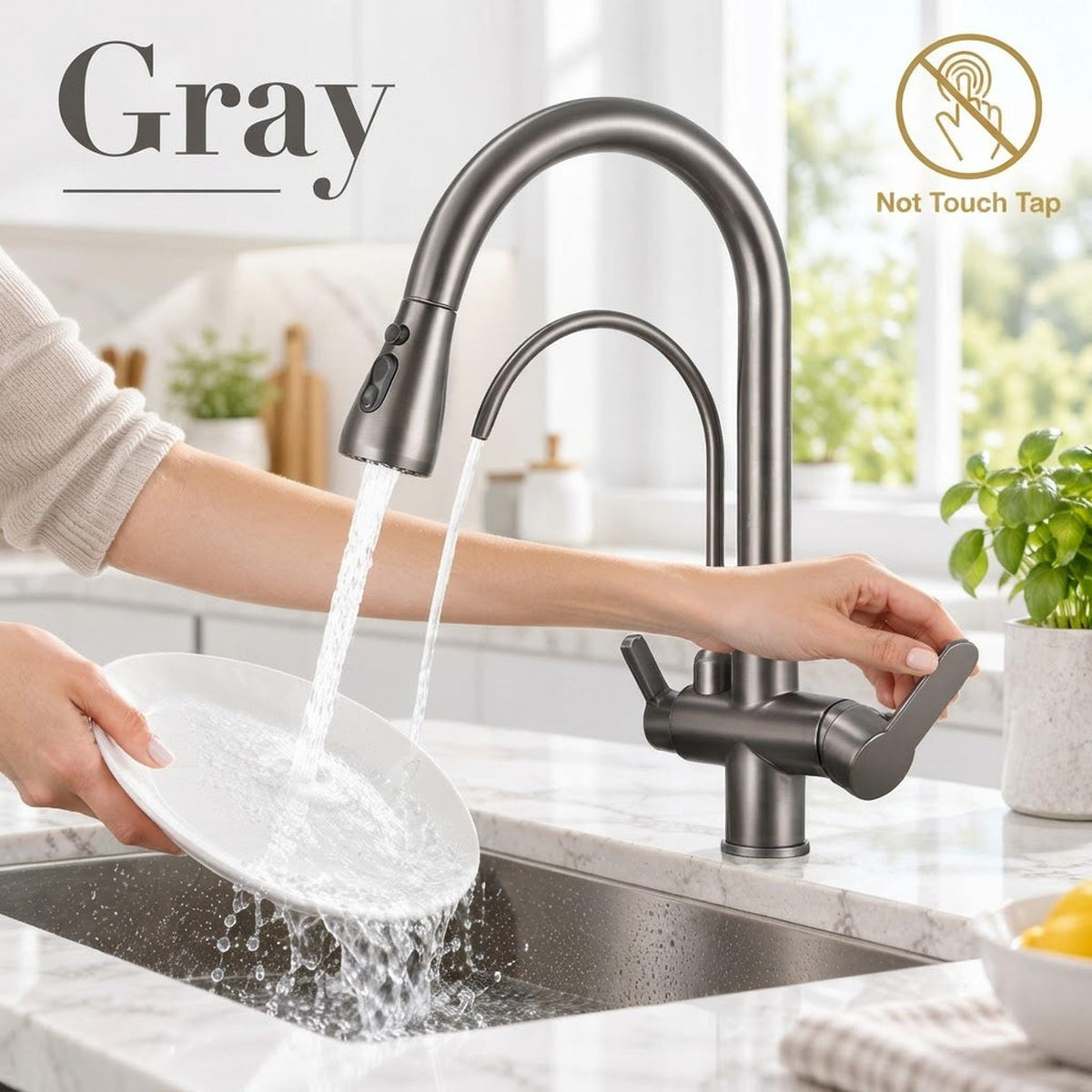 Brushed nickel pull-down kitchen faucet with dual spray and integrated RO water spout in a modern kitchen setting.