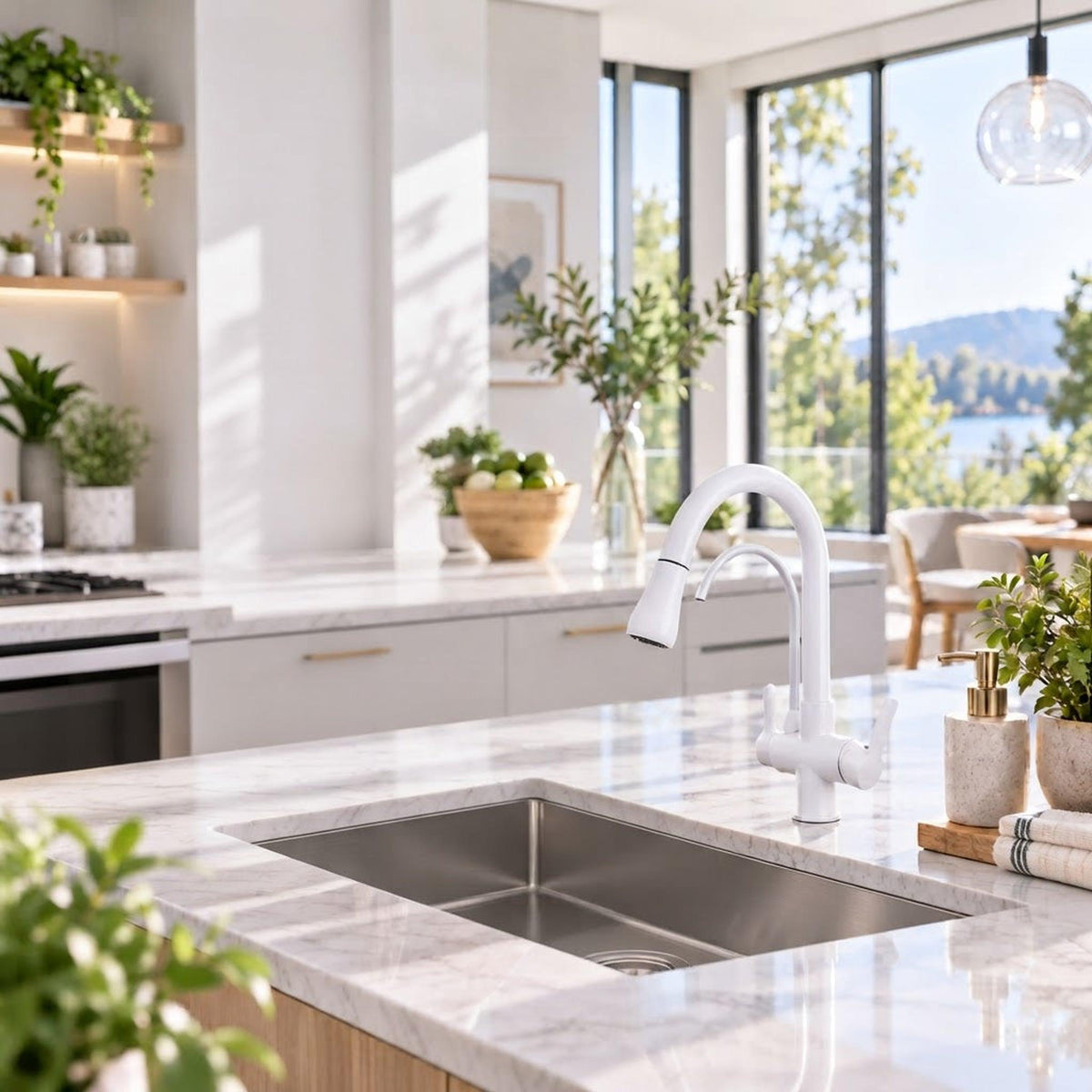 Modern white pull-down kitchen faucet with dual spray function installed on a marble countertop with a stainless steel sink.