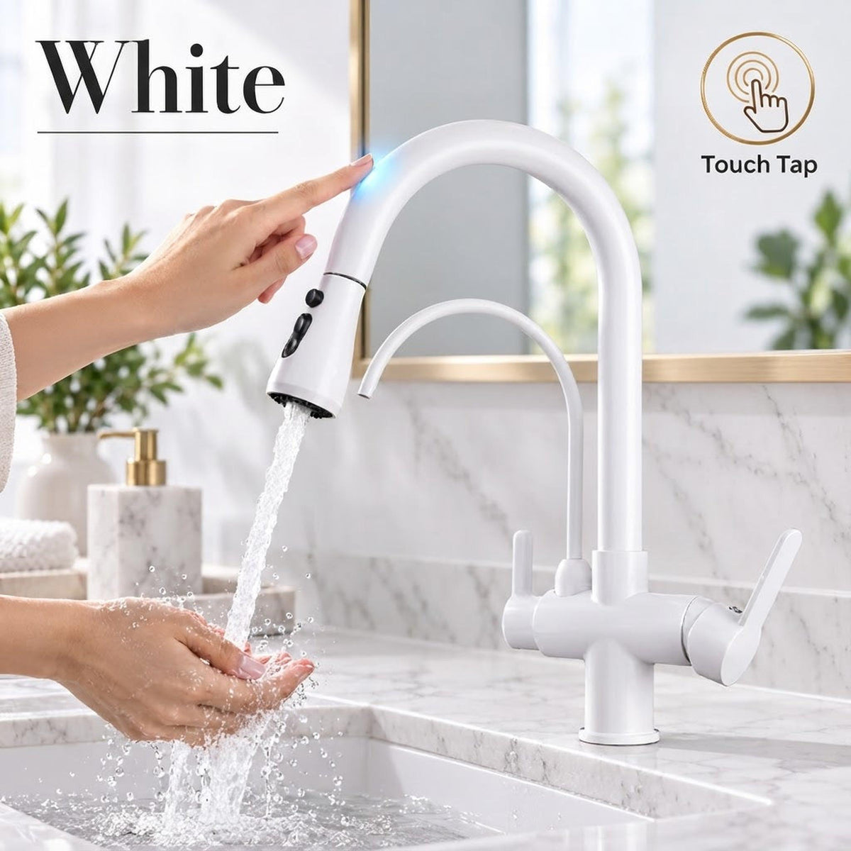 Modern white touch-activated kitchen faucet with pull-down sprayer and secondary RO water spout over a marble sink.