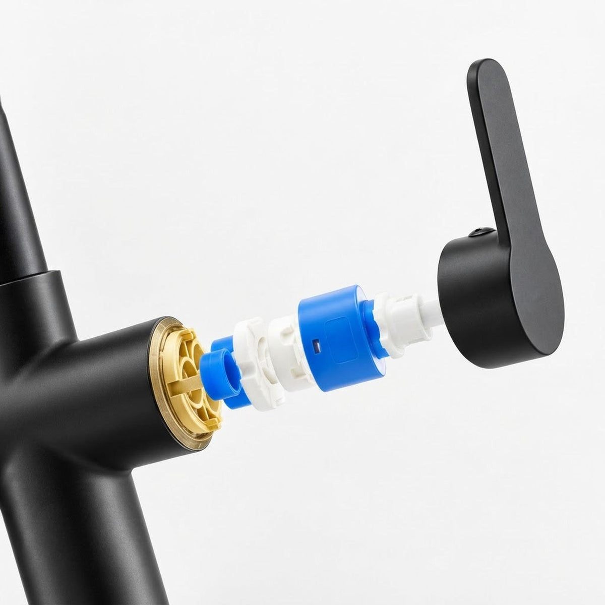 Matte black kitchen faucet handle with exposed blue and white ceramic disc cartridge valve components.