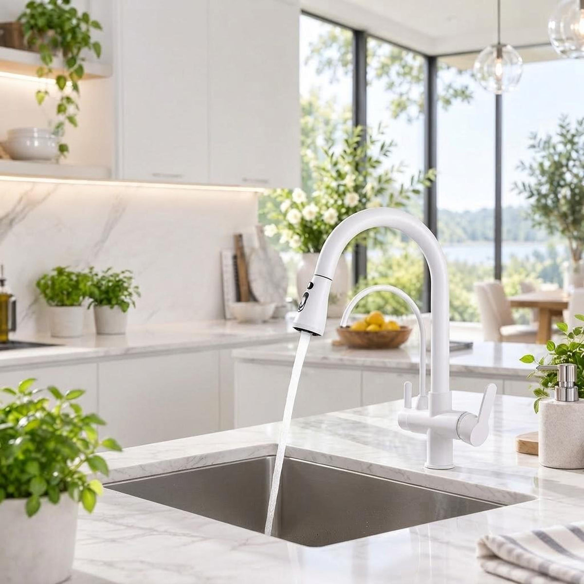 Modern white pull-down kitchen faucet with high-arch spout and dual spray function on a marble countertop.