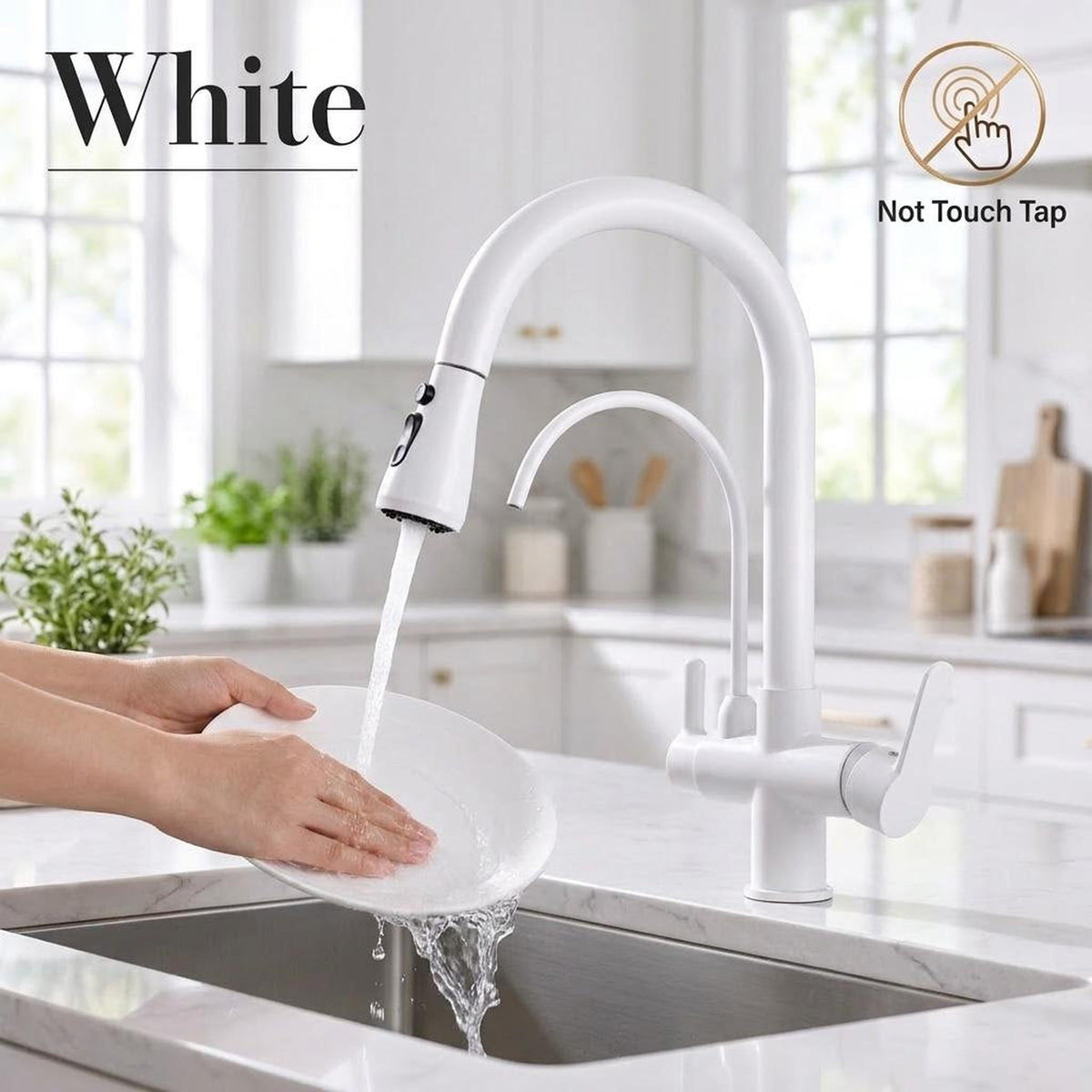 Modern white pull-down kitchen faucet with a high-arch spout and integrated RO water filter in a bright kitchen setting.