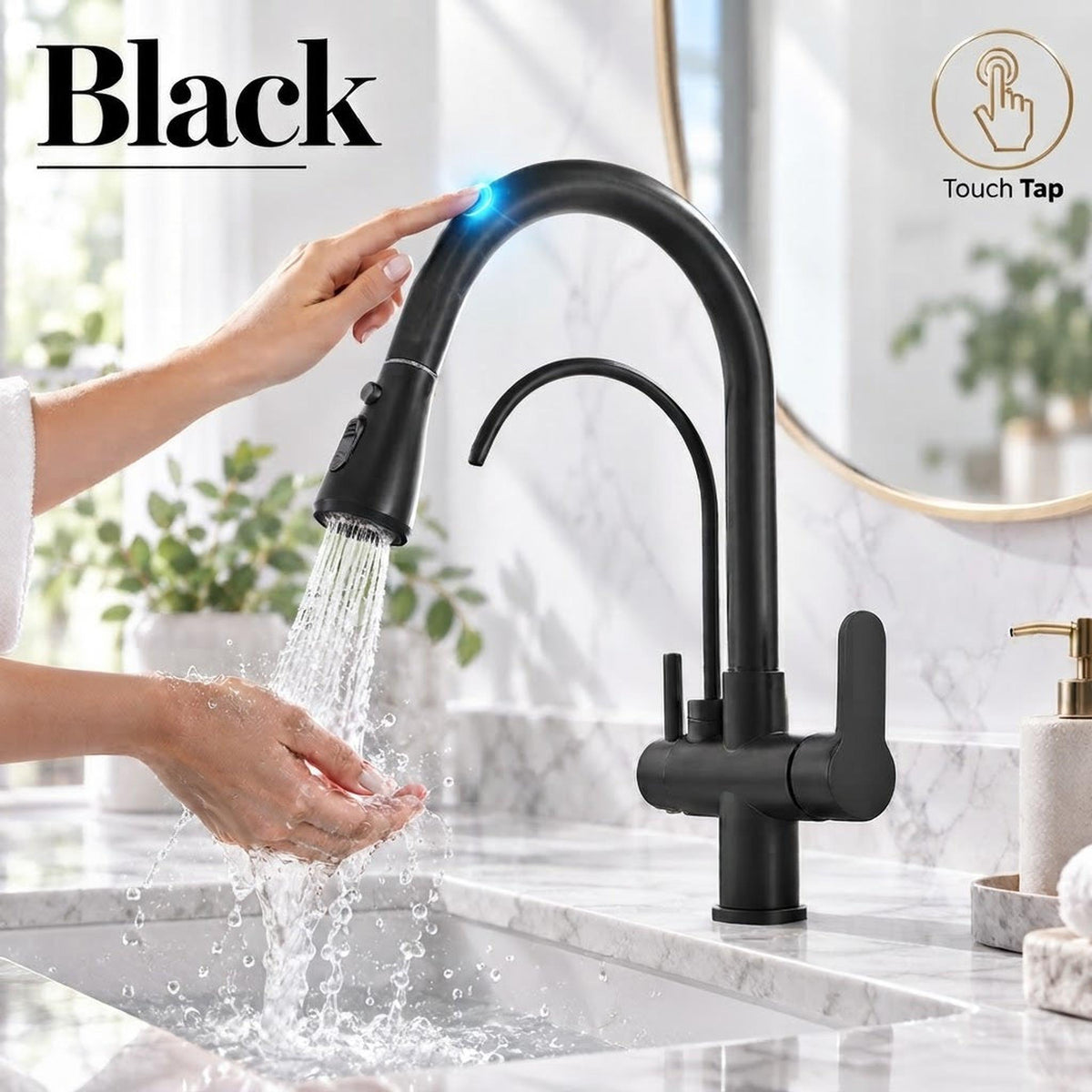 Matte black touch-activated pull-down kitchen faucet with dual spray and integrated water filter spout.