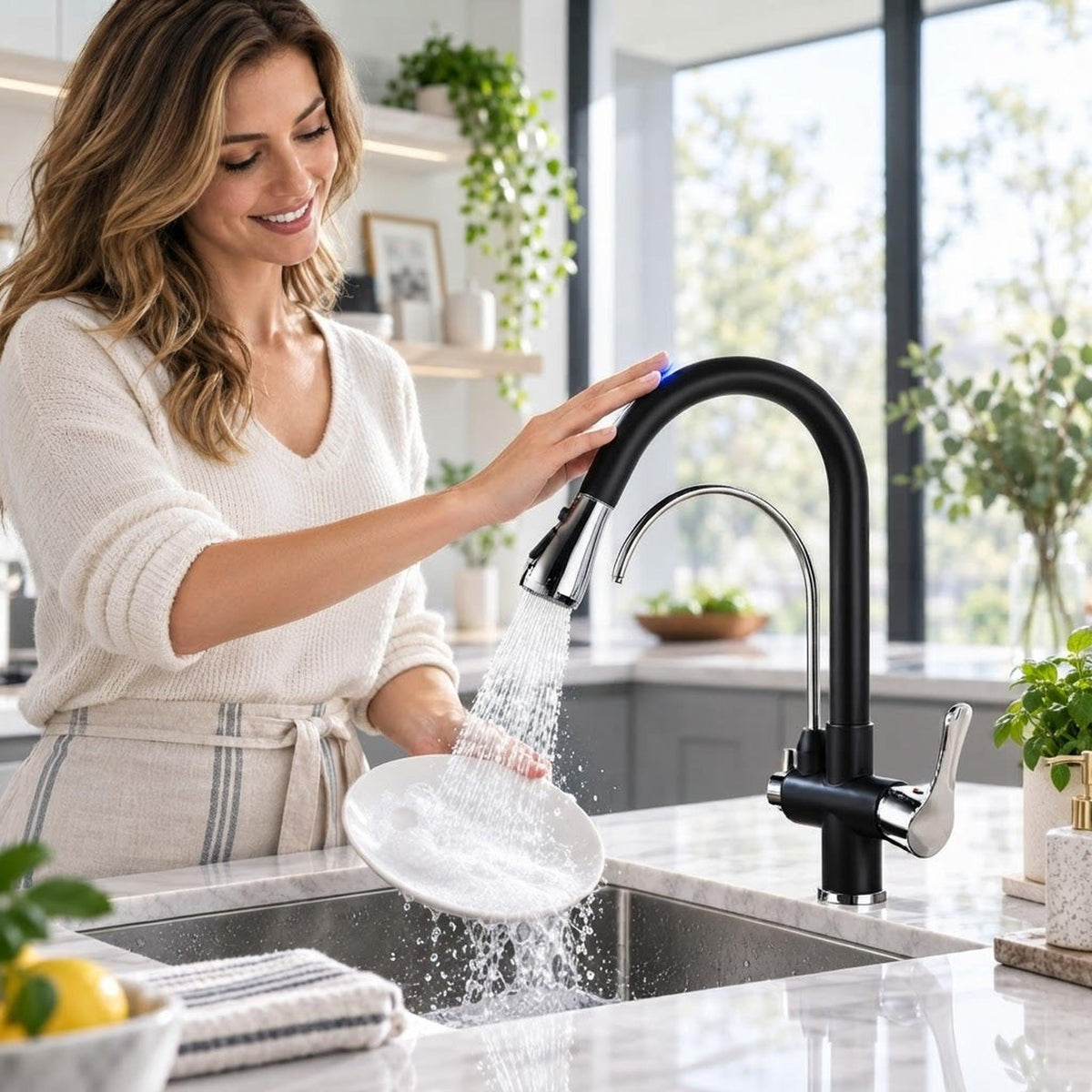 Modern matte black and chrome pull-down kitchen faucet with a high-arch spout and dual spray function in a bright kitchen.