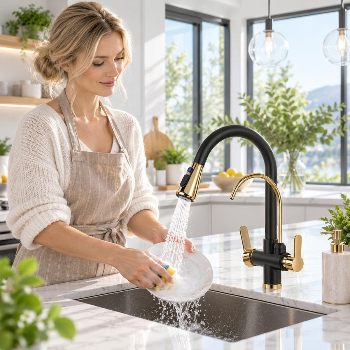 Modern black and gold pull-down kitchen faucet with dual spray function being used to wash a plate in a bright kitchen.
