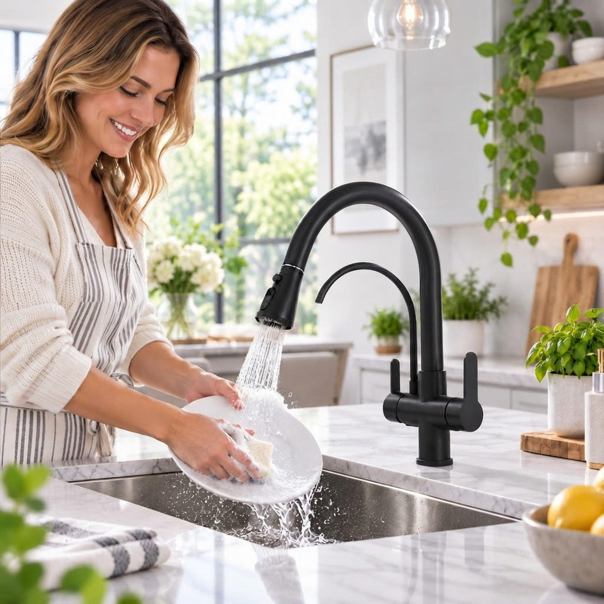 Modern matte black pull-down kitchen faucet with a high-arch spout and dual spray function in a bright kitchen.
