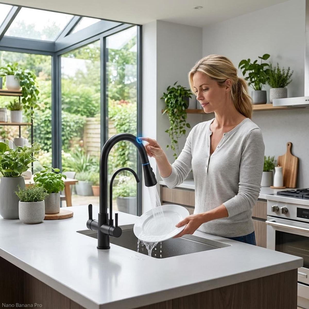 Modern matte black pull-down kitchen faucet with dual spray and touch control, washing a plate in a bright kitchen.
