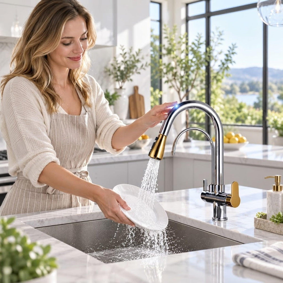 Woman rinsing a plate under a modern brushed nickel and gold pull-down kitchen faucet with a high-arch swivel spout.