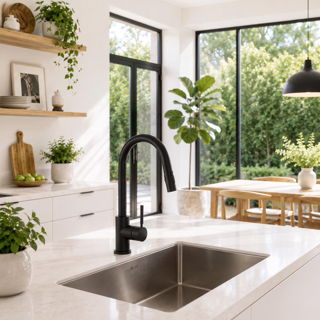 Modern matte black pull-out kitchen faucet installed on a white countertop with a woman rinsing a plate.