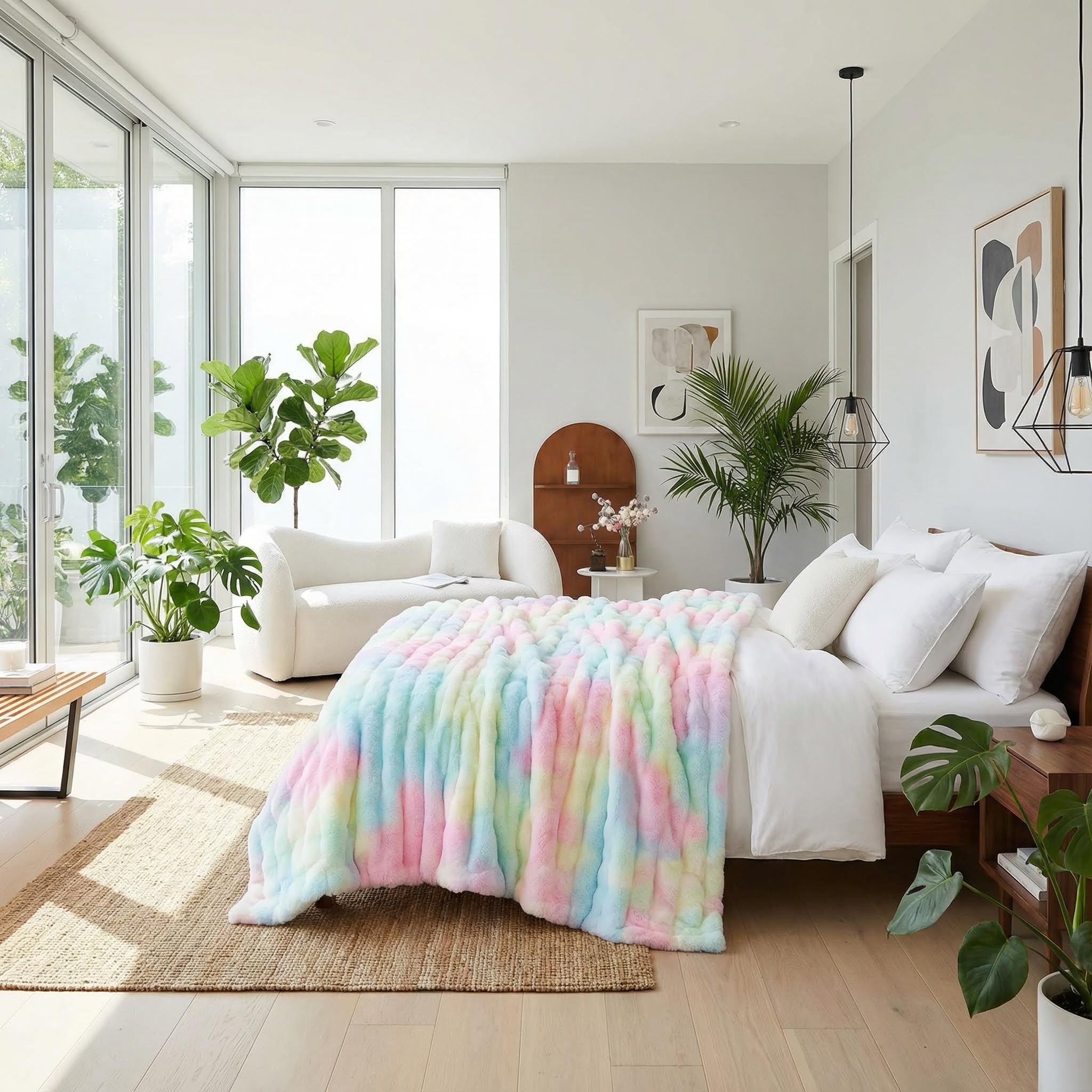 Soft, reversible tie-dye bubble plush throw blanket on a bed in a bright, modern bedroom.