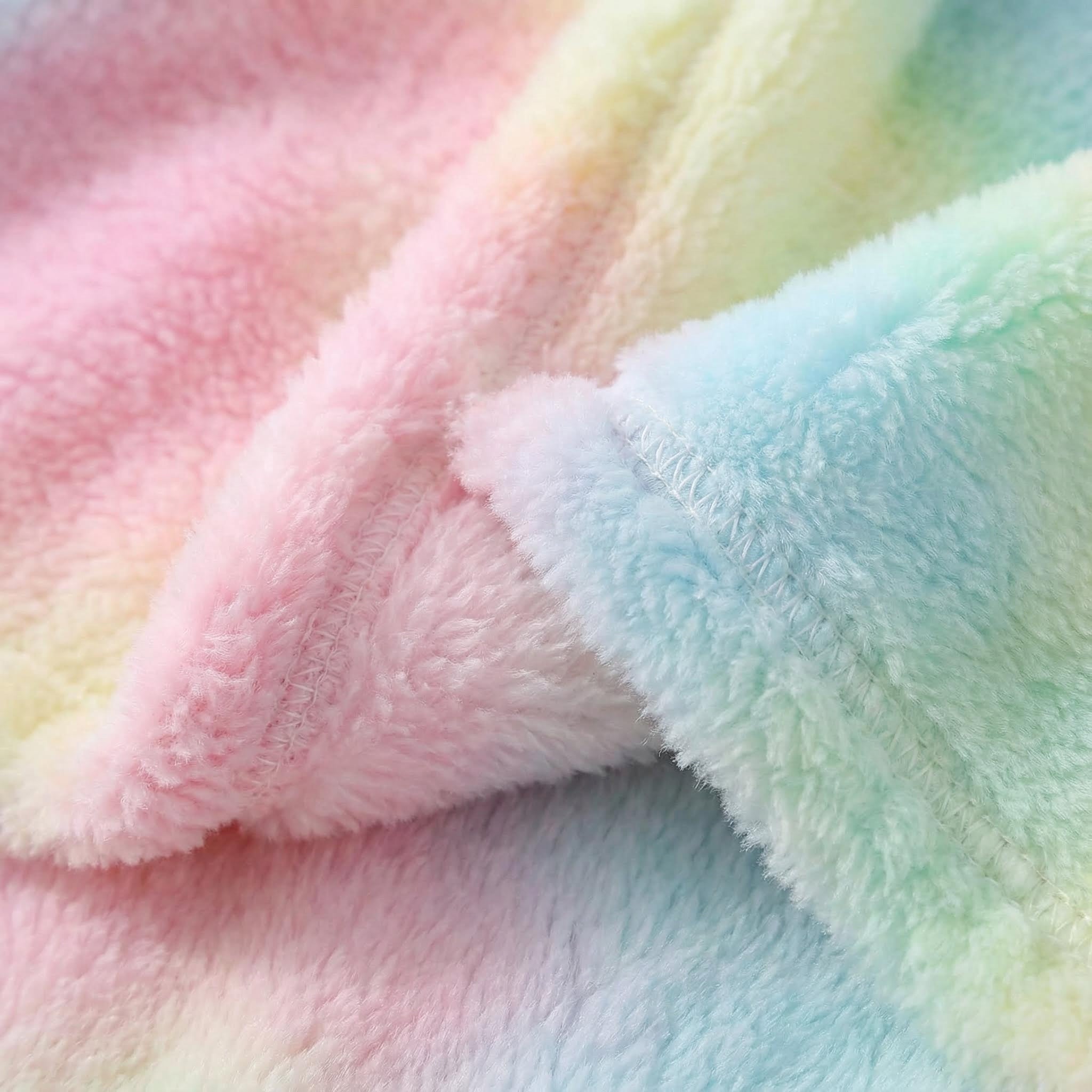 Soft, fluffy Bubble Plush Throw Blanket in a rainbow gradient of pink, yellow, and blue polyester fiber.