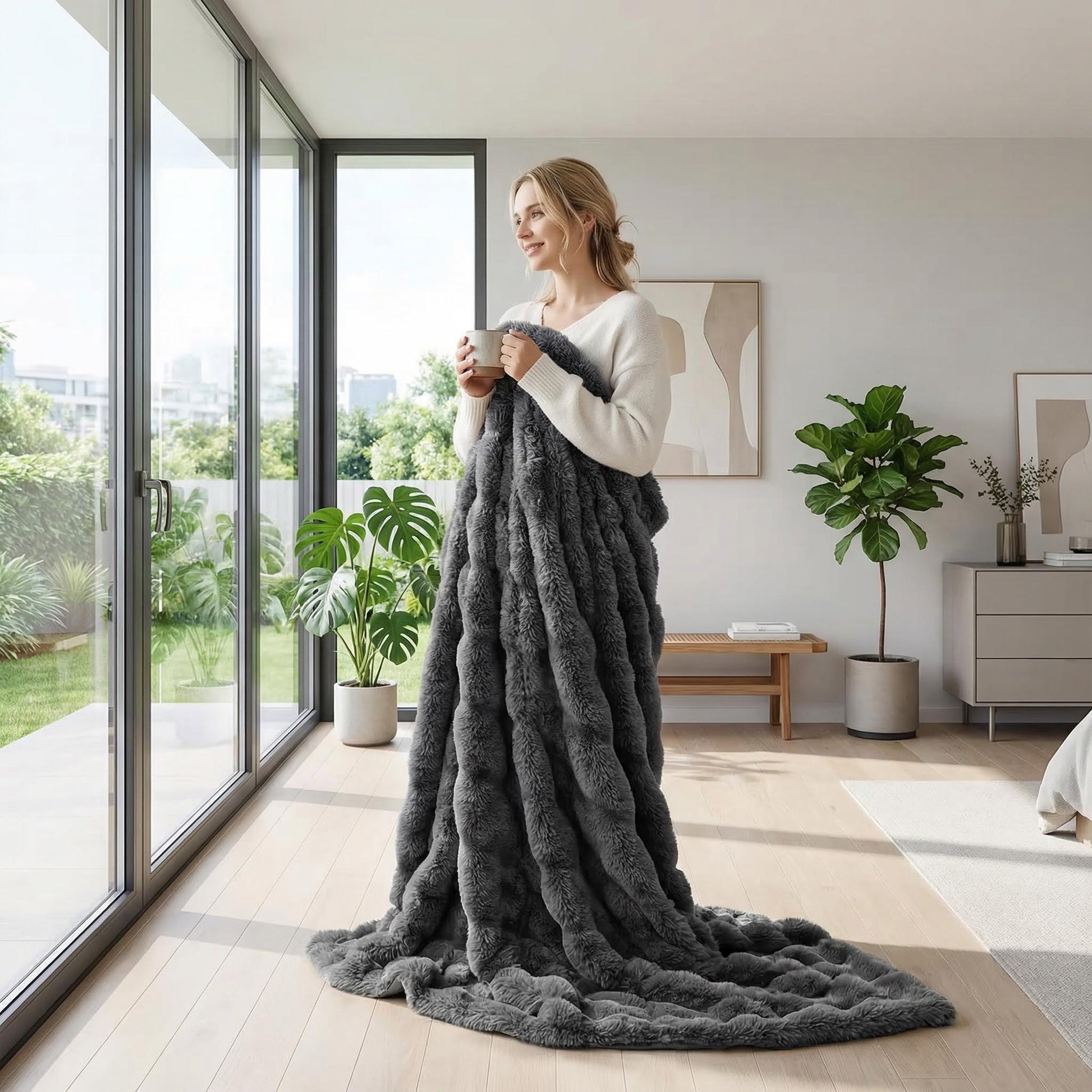Woman wrapped in a dark gray bubble plush throw blanket, holding a mug, looking out a window.