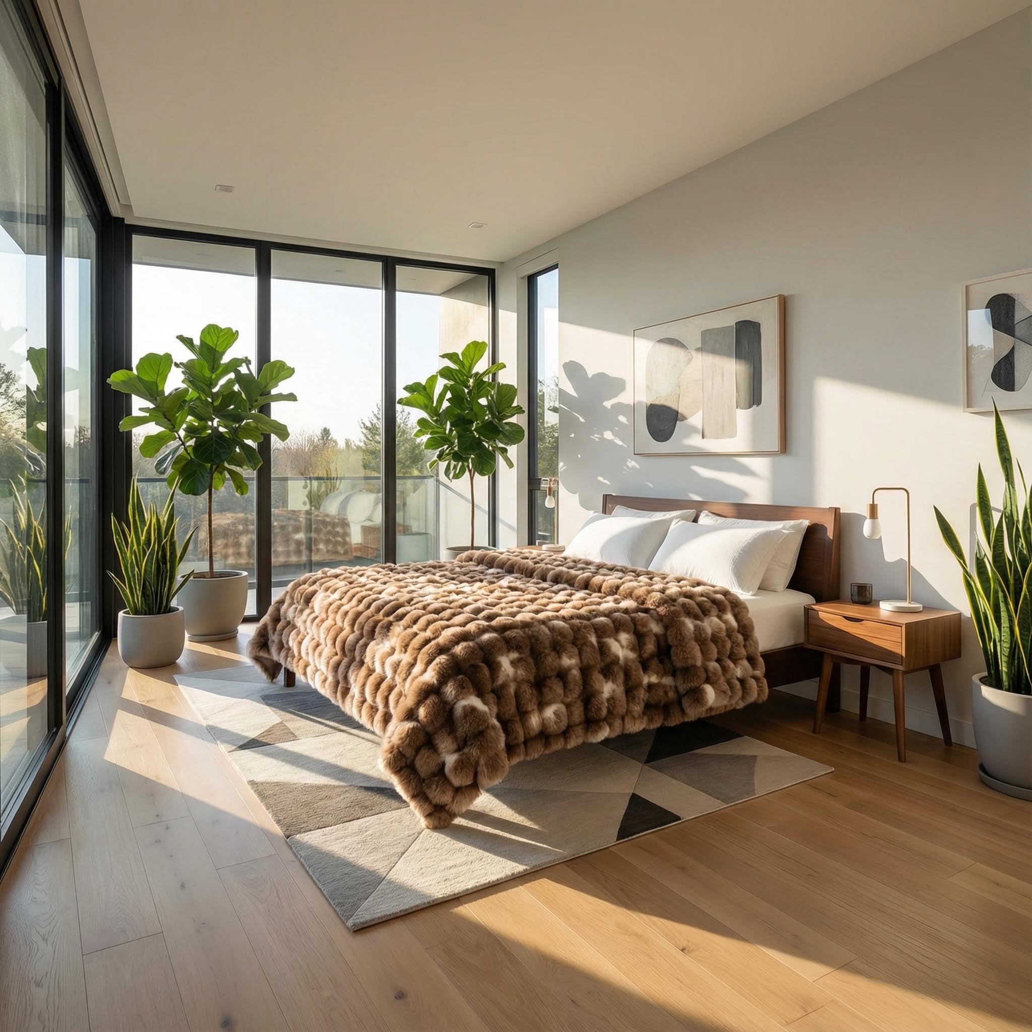 Brown bubble plush throw blanket on a bed in a bright, modern bedroom.