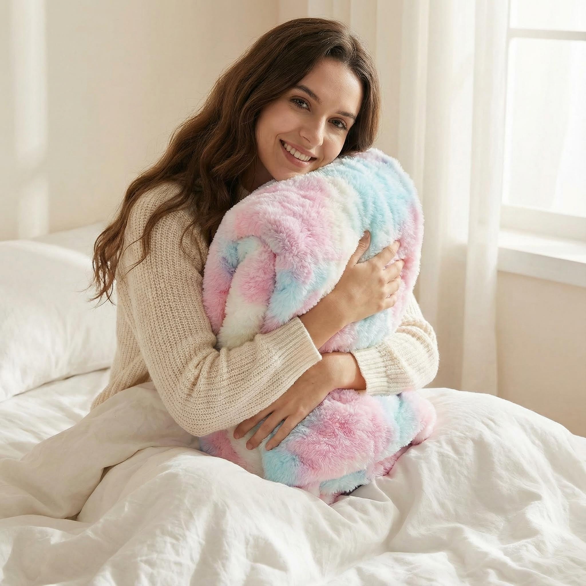Smiling woman hugging a soft, colorful bubble plush throw blanket in pastel pink, blue, and white.