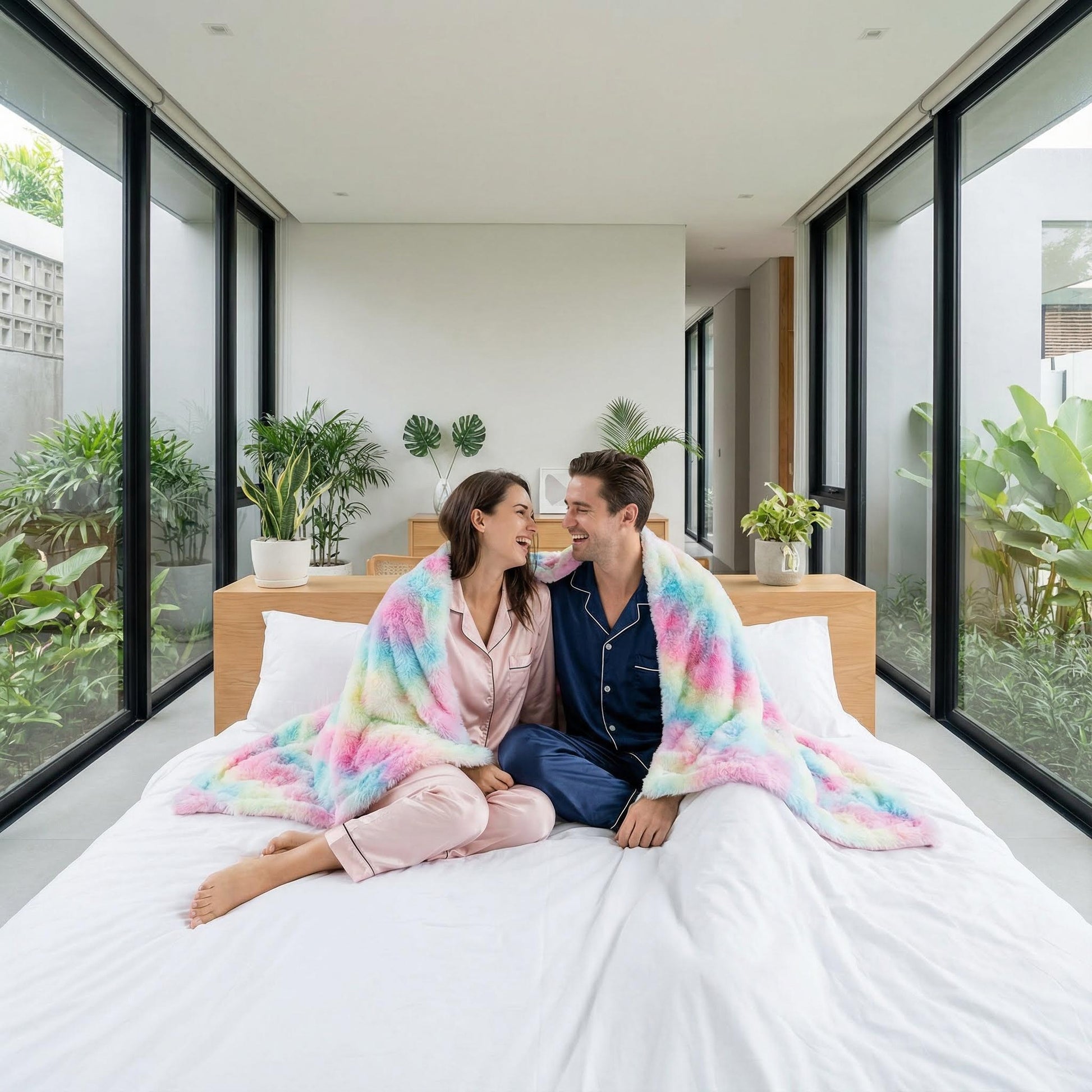 Couple in pajamas snuggled under a colorful, reversible bubble plush throw blanket on a white bed.