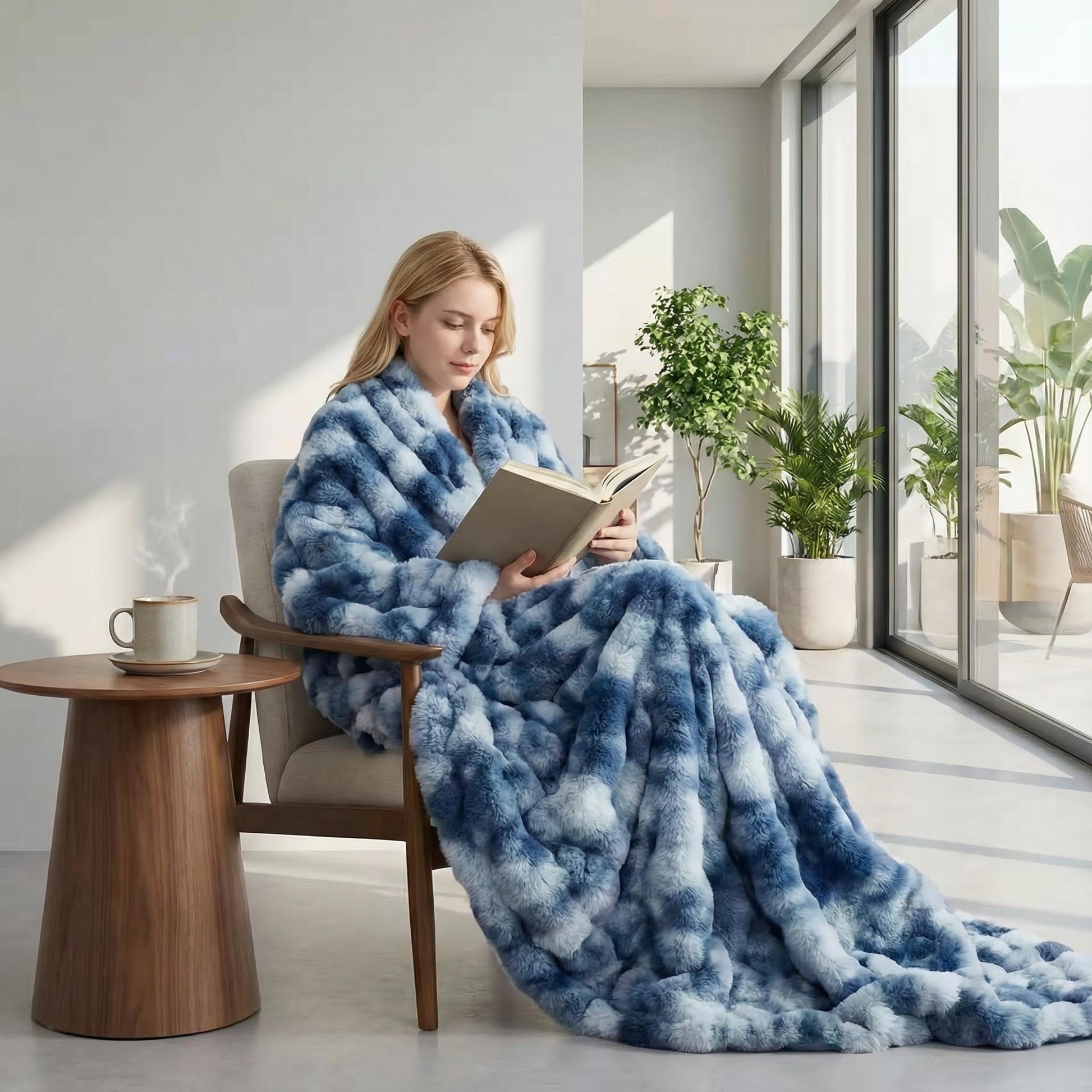 Woman wrapped in a blue and white bubble plush throw blanket, reading a book in a modern living room.