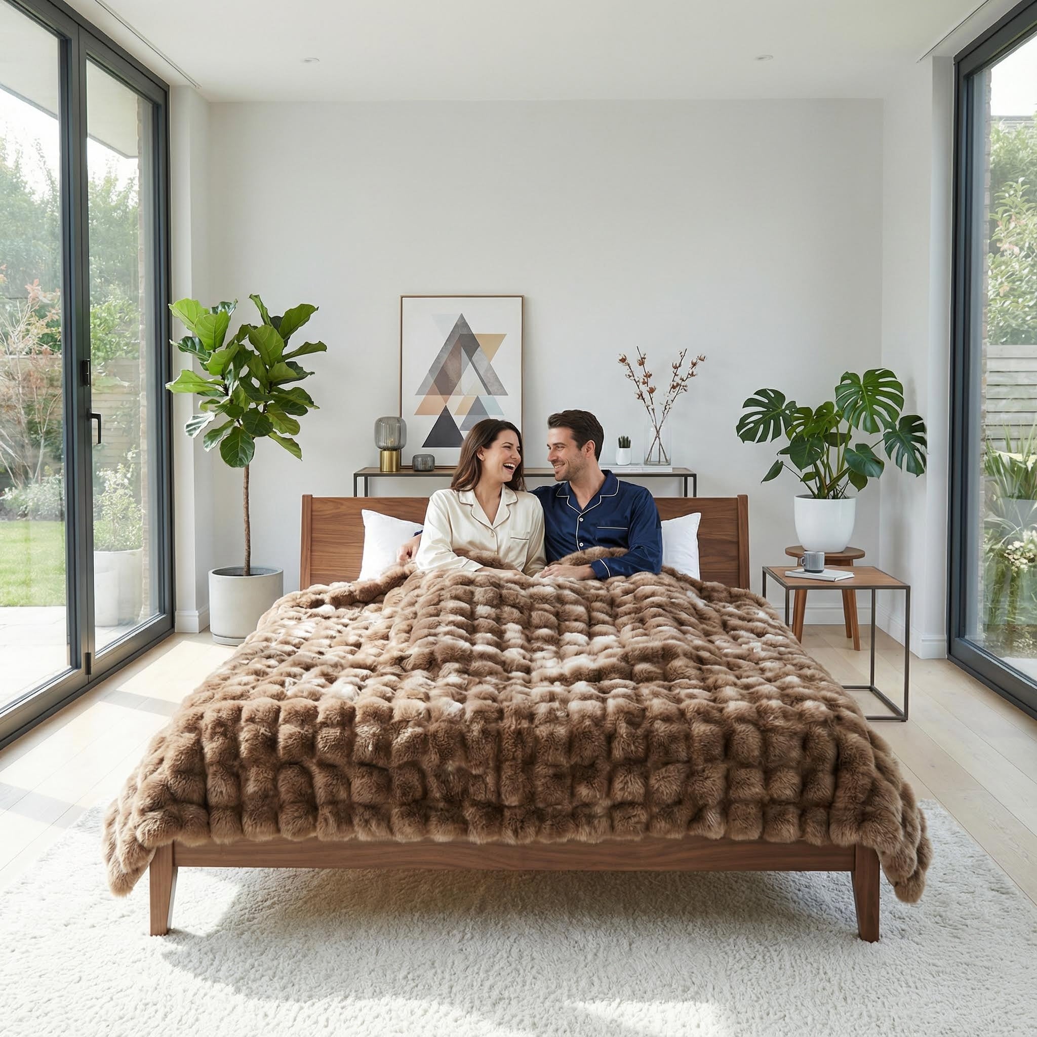 Couple on bed with a brown bubble plush throw blanket, showcasing its luxurious texture.