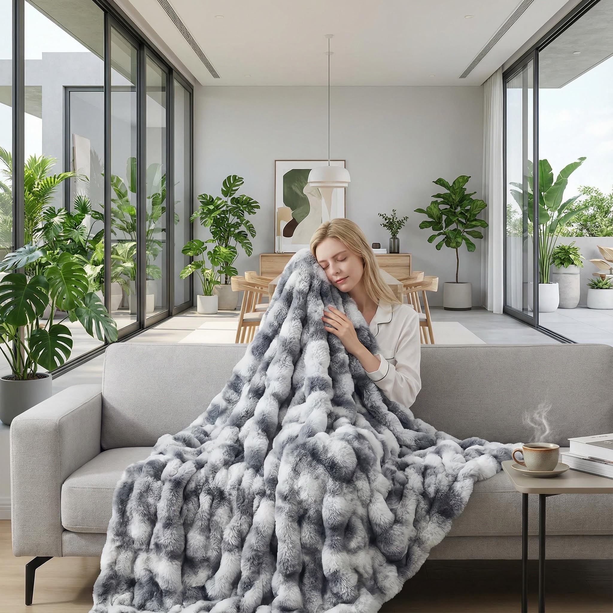 Woman on a sofa cuddling a soft, reversible gray and white bubble plush throw blanket.