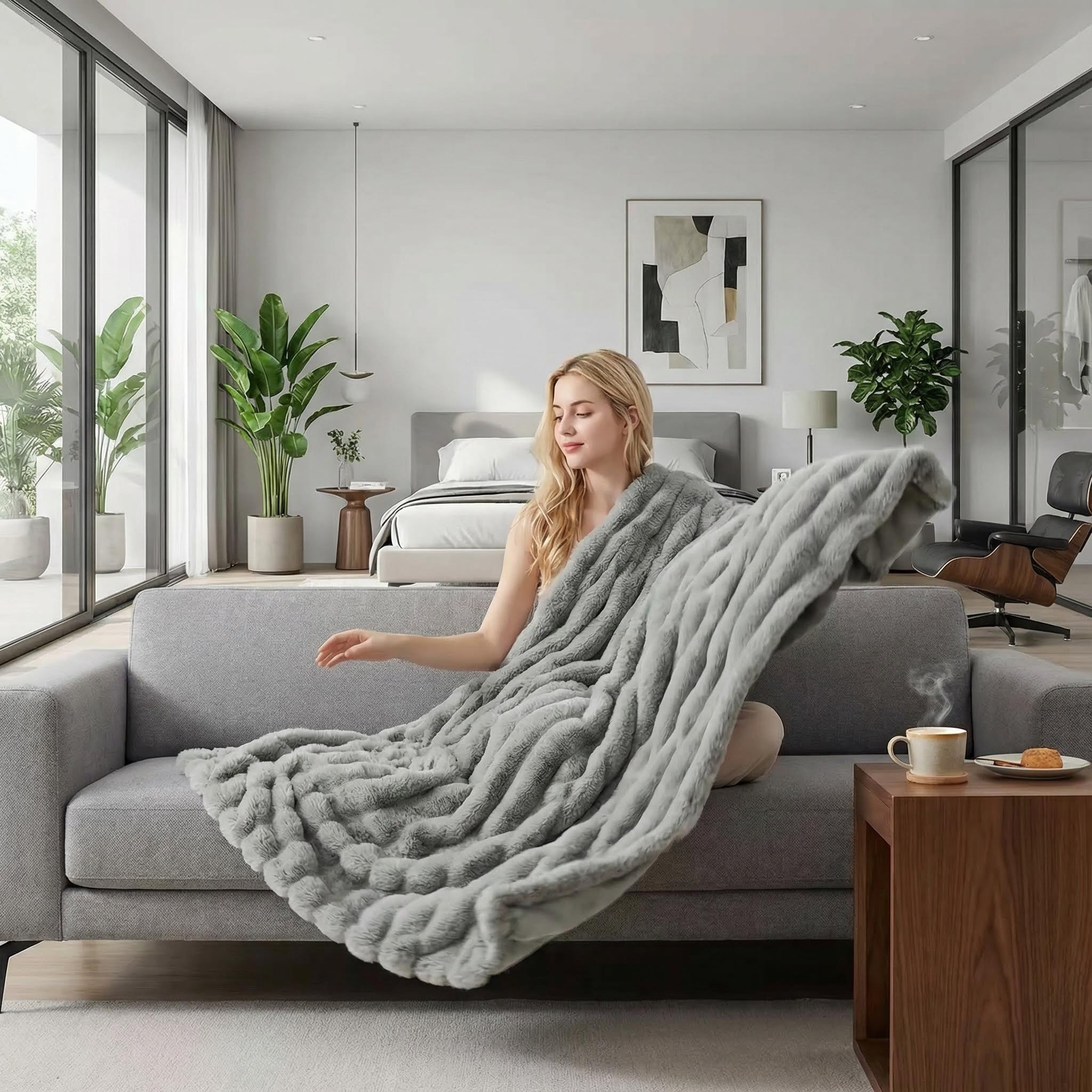 Blonde woman on a gray couch with a cozy gray bubble plush throw blanket in a modern living room.