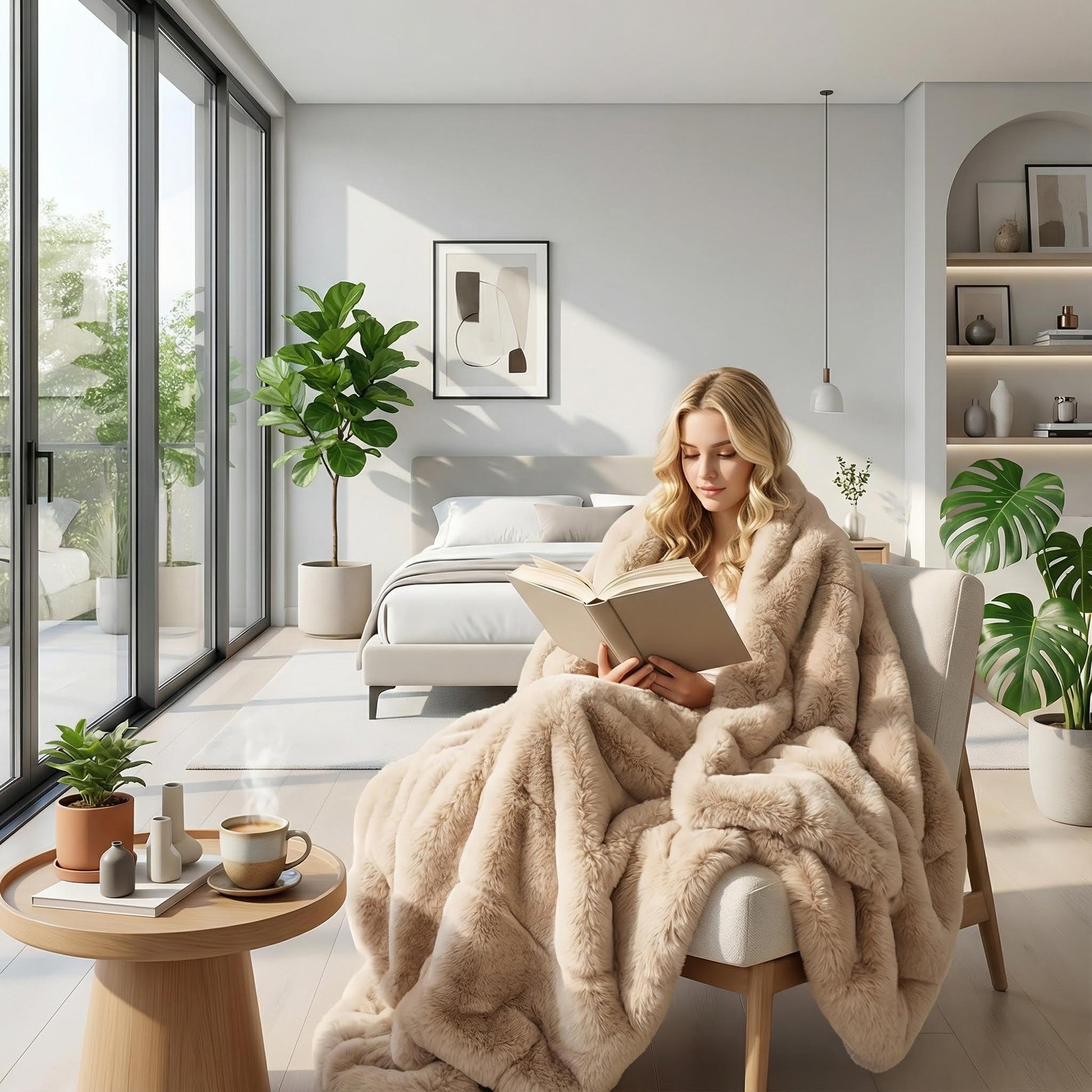 Blonde woman wrapped in a cozy, light brown faux fur Bubble Plush Throw Blanket, reading in a bright living room.