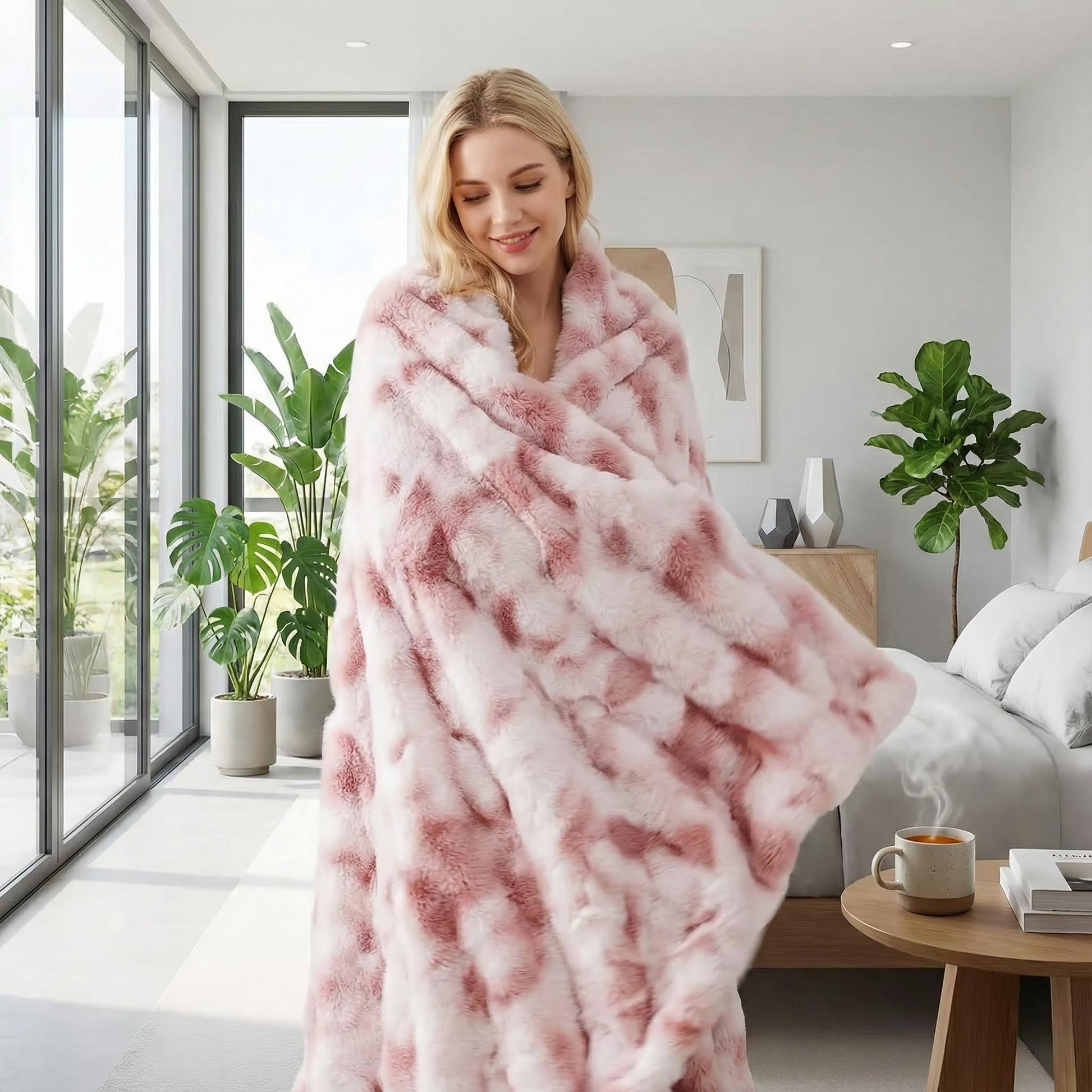Blonde woman wrapped in a pink and white bubble plush throw blanket in a bright bedroom.