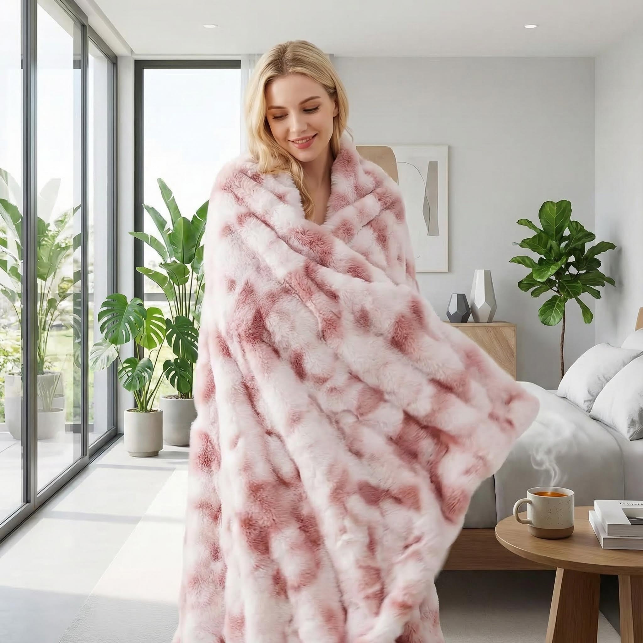 Blonde woman wrapped in a pink and white bubble plush throw blanket in a bright bedroom.