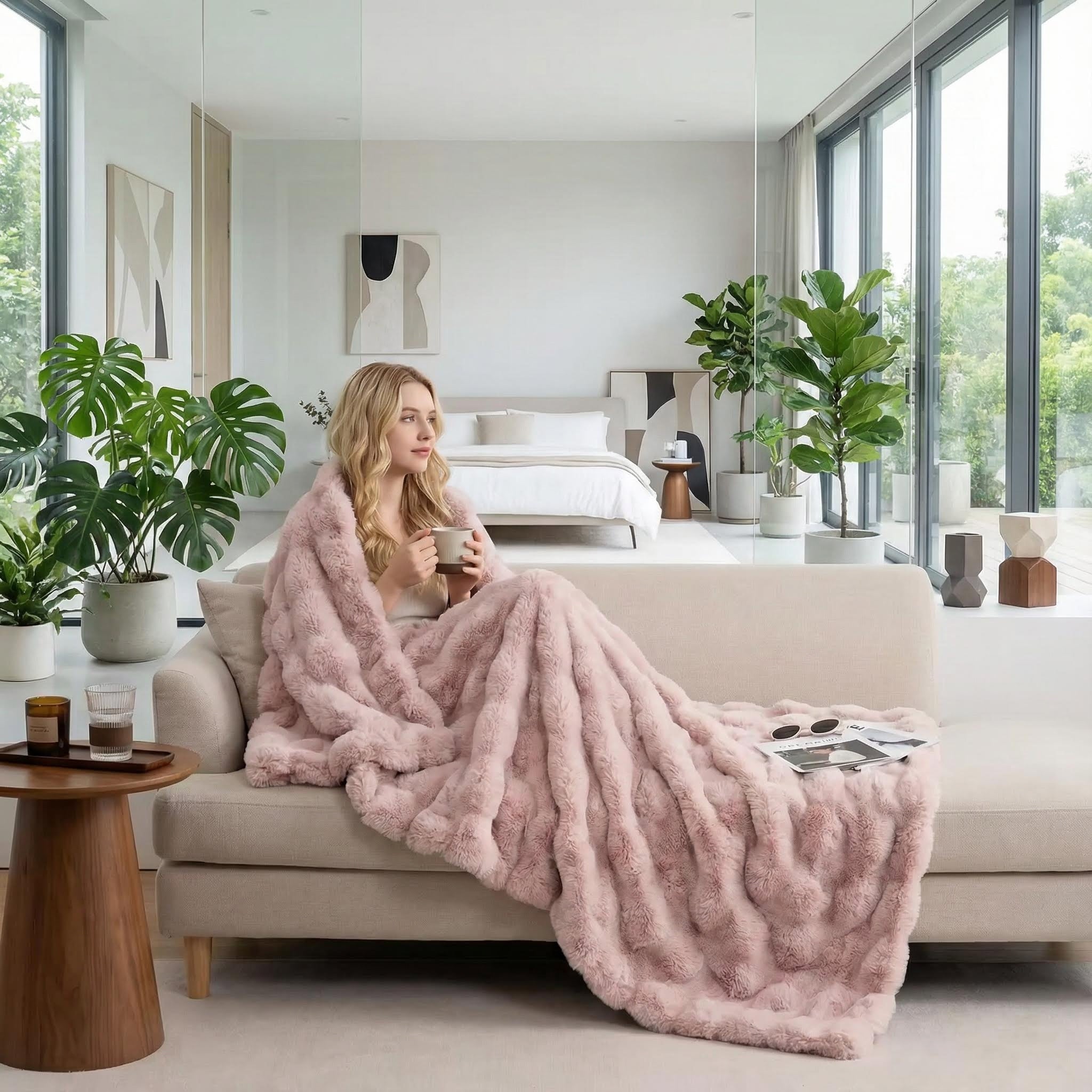 Blonde woman relaxing on a sofa, covered by a soft pink bubble plush throw blanket, holding a mug.