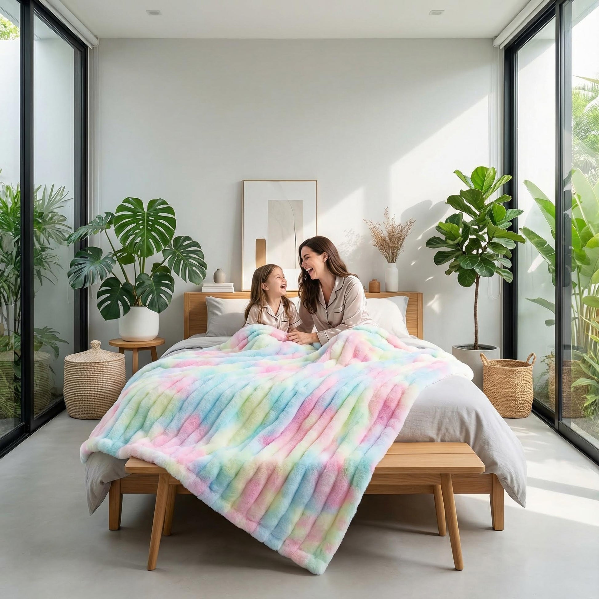 Mother and child on a bed with a colorful pastel rainbow bubble plush throw blanket.