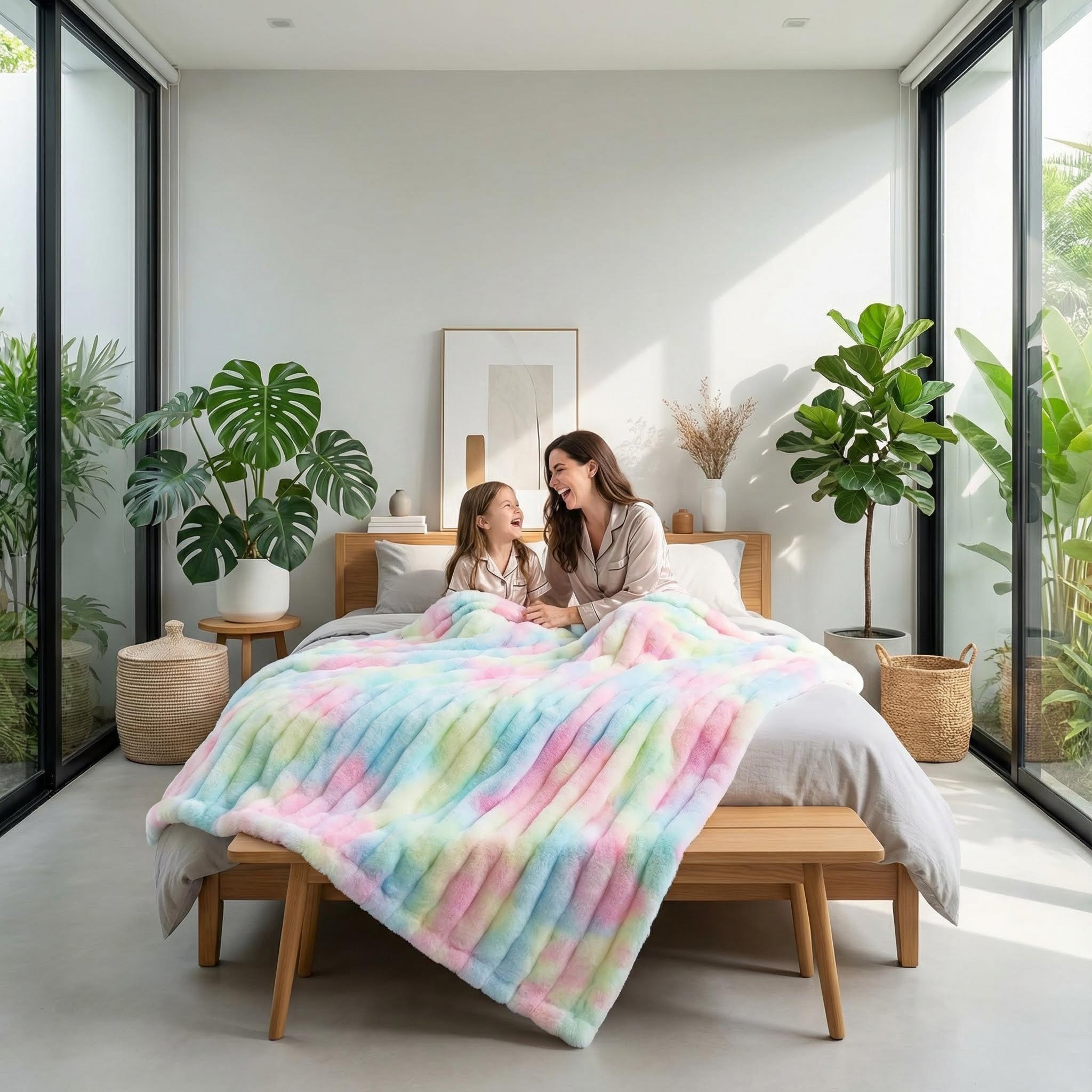 Mother and child on a bed with a colorful pastel rainbow bubble plush throw blanket.