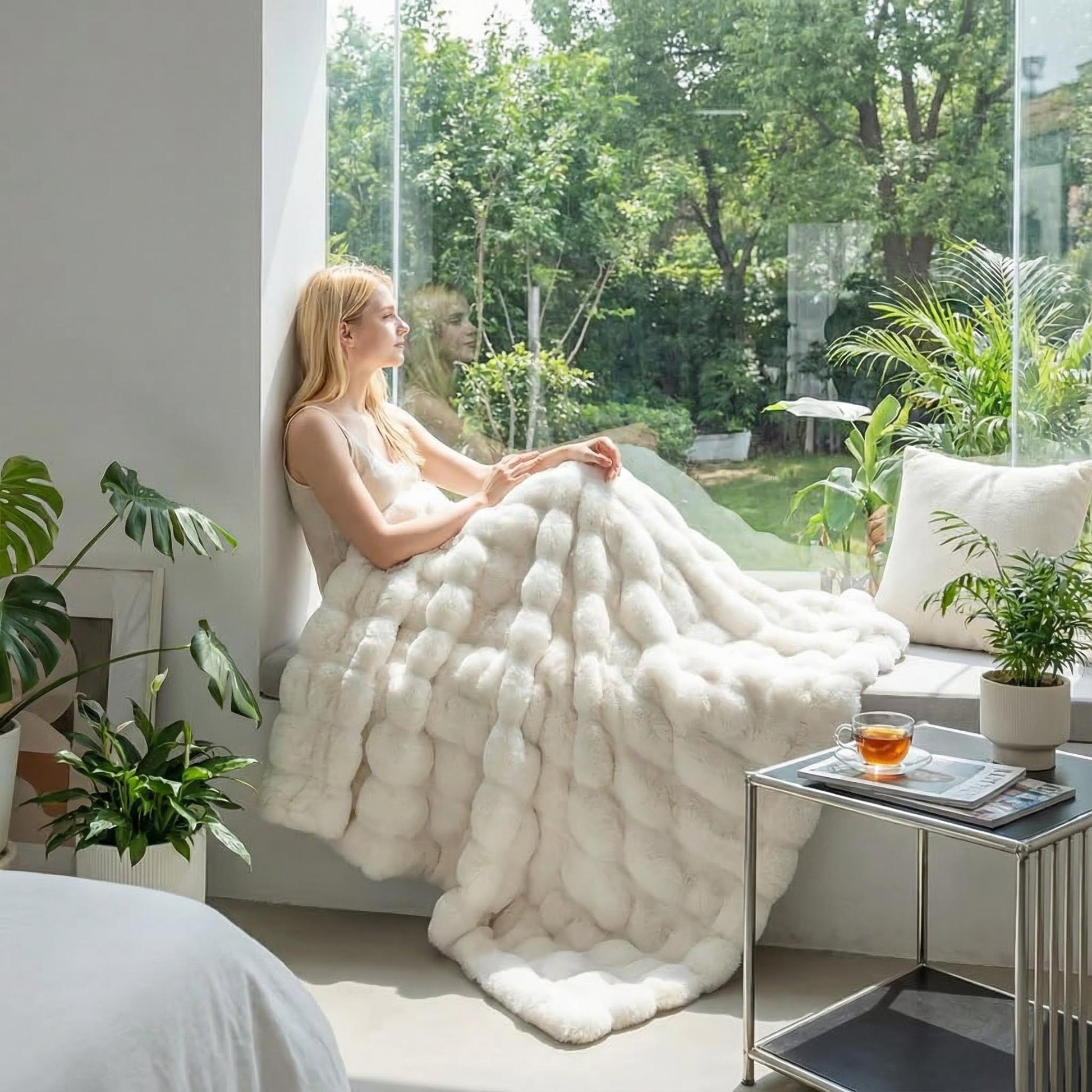 Blonde woman relaxing by a window, covered in a cozy white bubble plush throw blanket.