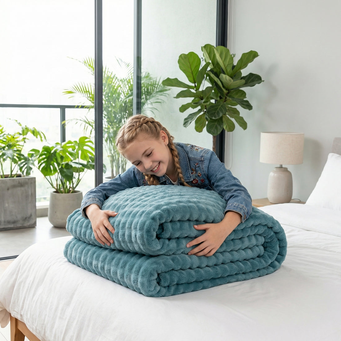 Woman on a white sofa with a soft, teal bubble rabbit flannel blanket and a cup of tea.