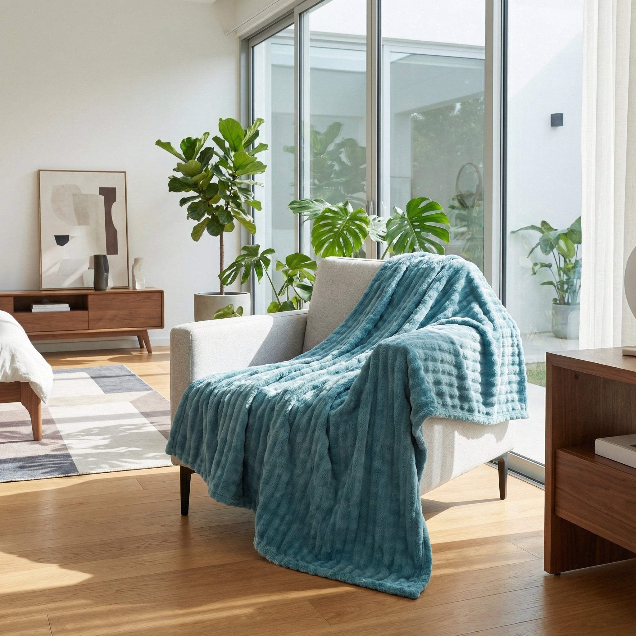 Soft teal flannel blanket draped over a light gray armchair in a bright, modern living room.