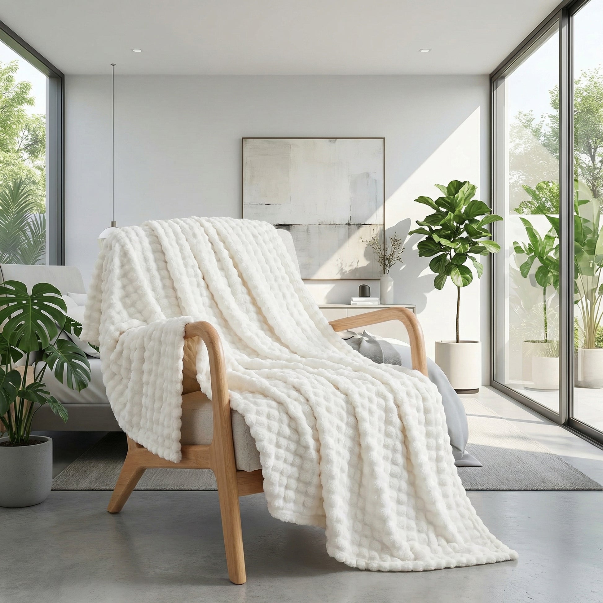 White coral velvet Bubble Rabbit Flannel Blanket draped over a light wood armchair in a bright room.